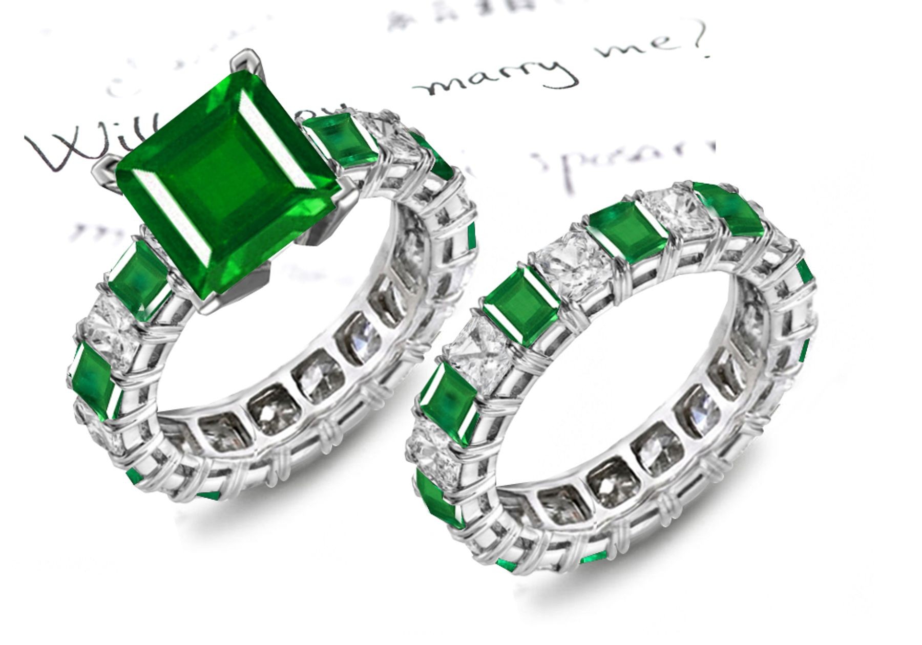 A Large Assortment: Super Natural "Vibrant" Square Wonderful Green Color Emerald & Diamond Engagement Ring & Emerald Eternity Band 