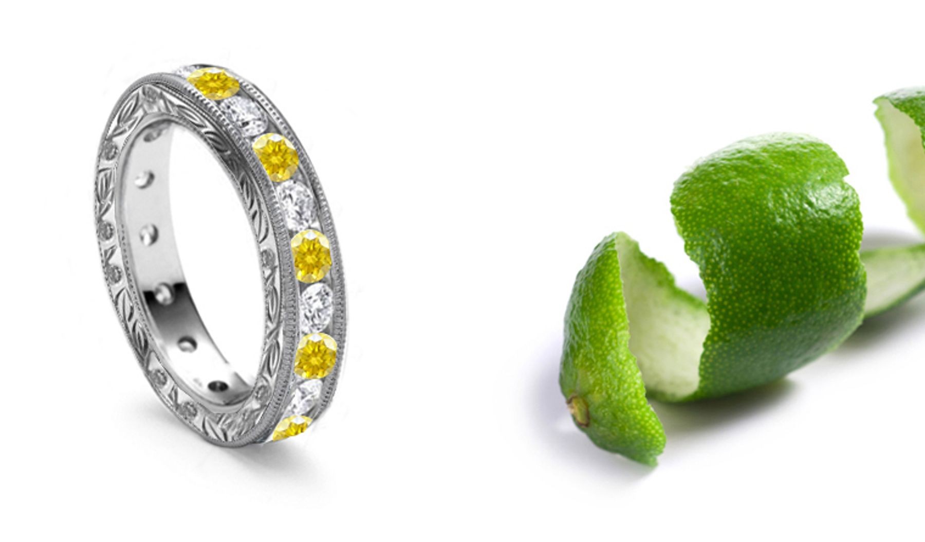 Bright Yellow Diamond Eternity Band with Fine Milgrain & Hand Engraved Detail Decorated Sides