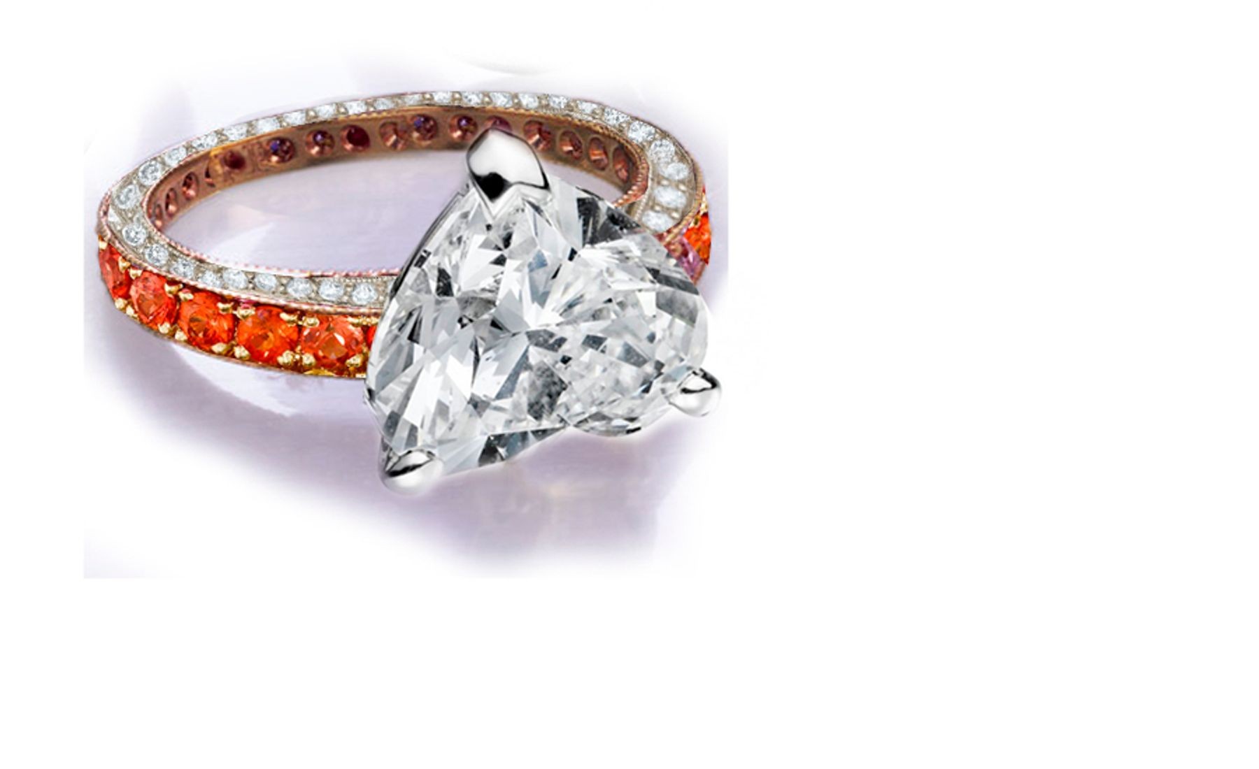 Ring with Heart Diamond & Pave Set Diamonds & Orange Sapphires in Gold or Platinum