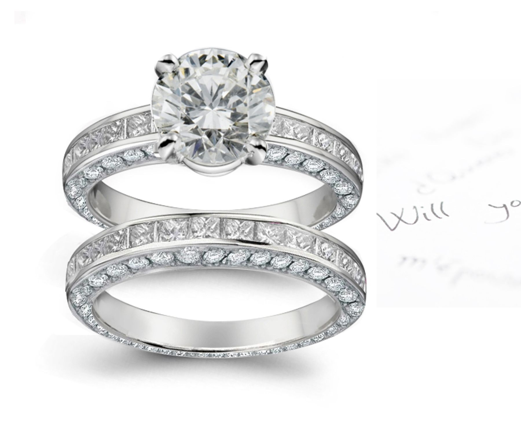 Finely Crafted Diamond Engagement Ring and Wedding Band and Diamond Halo Sides