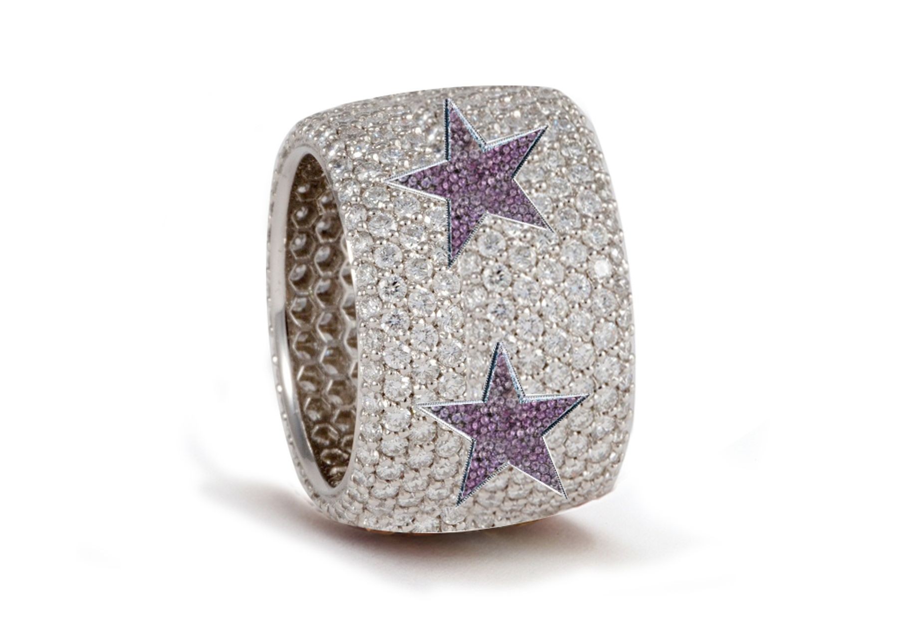 Delicate French pavee Sparkling Brilliant-Cut Round Diamonds & Vivid Multi-Colored Precious Stones Eternity Rings & Bands Featuring Celestial Stars