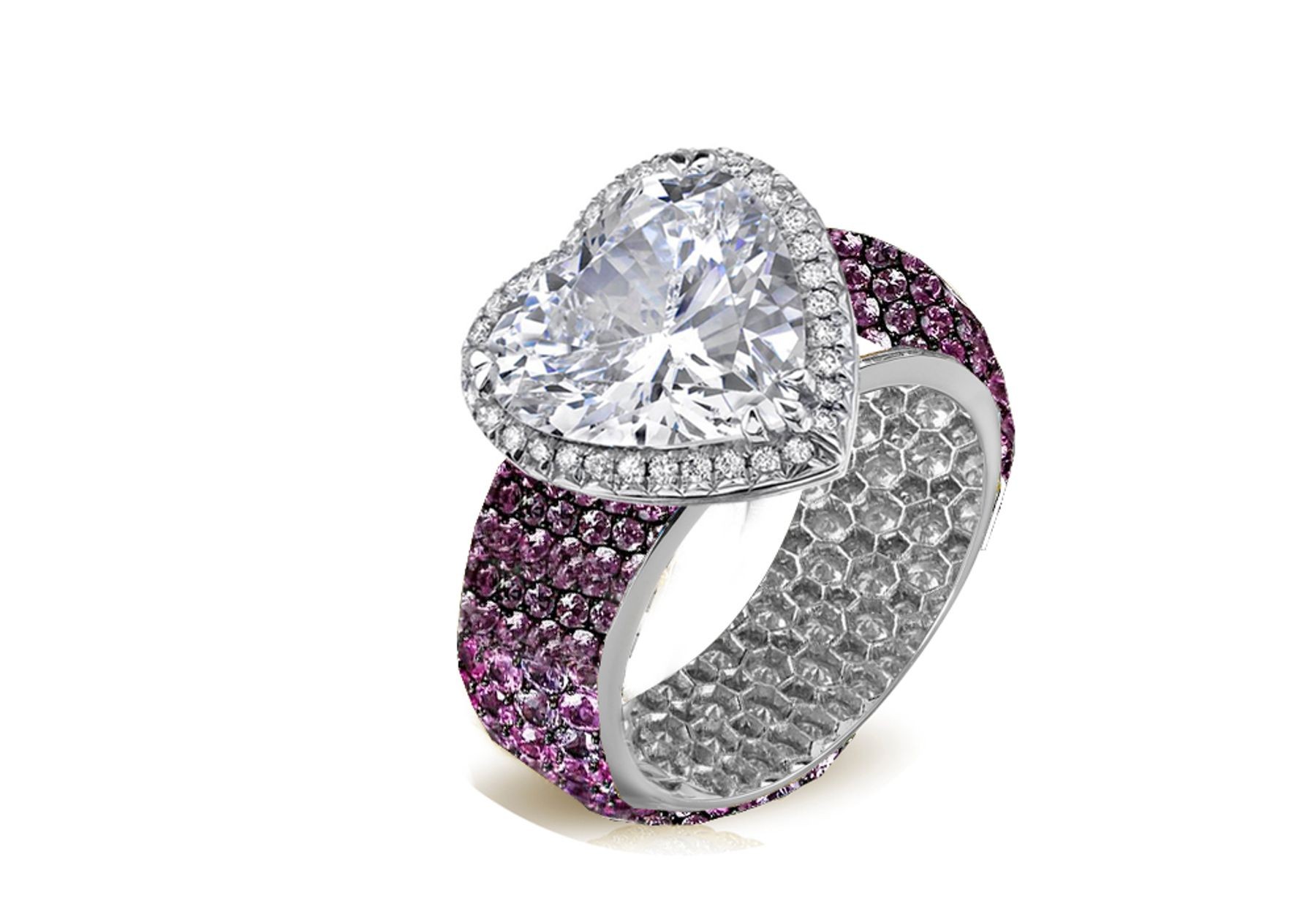 Halo Heart Diamond Ring with Diamonds & Purple Sapphires in Gold or Platinum