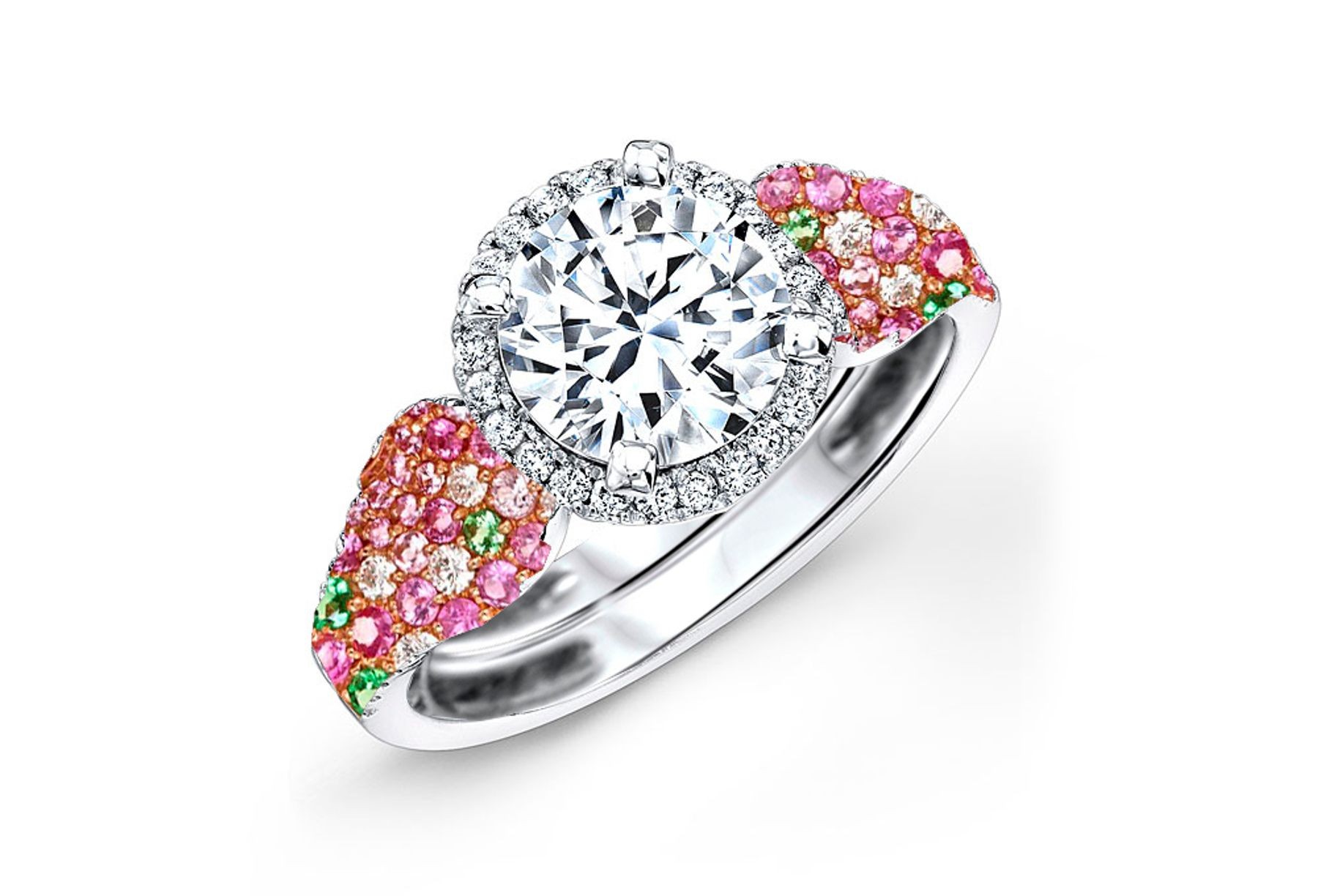 Made To Order Rings Featuring Delicate French Halo Pave Diamonds & Vivid Pink Sapphires