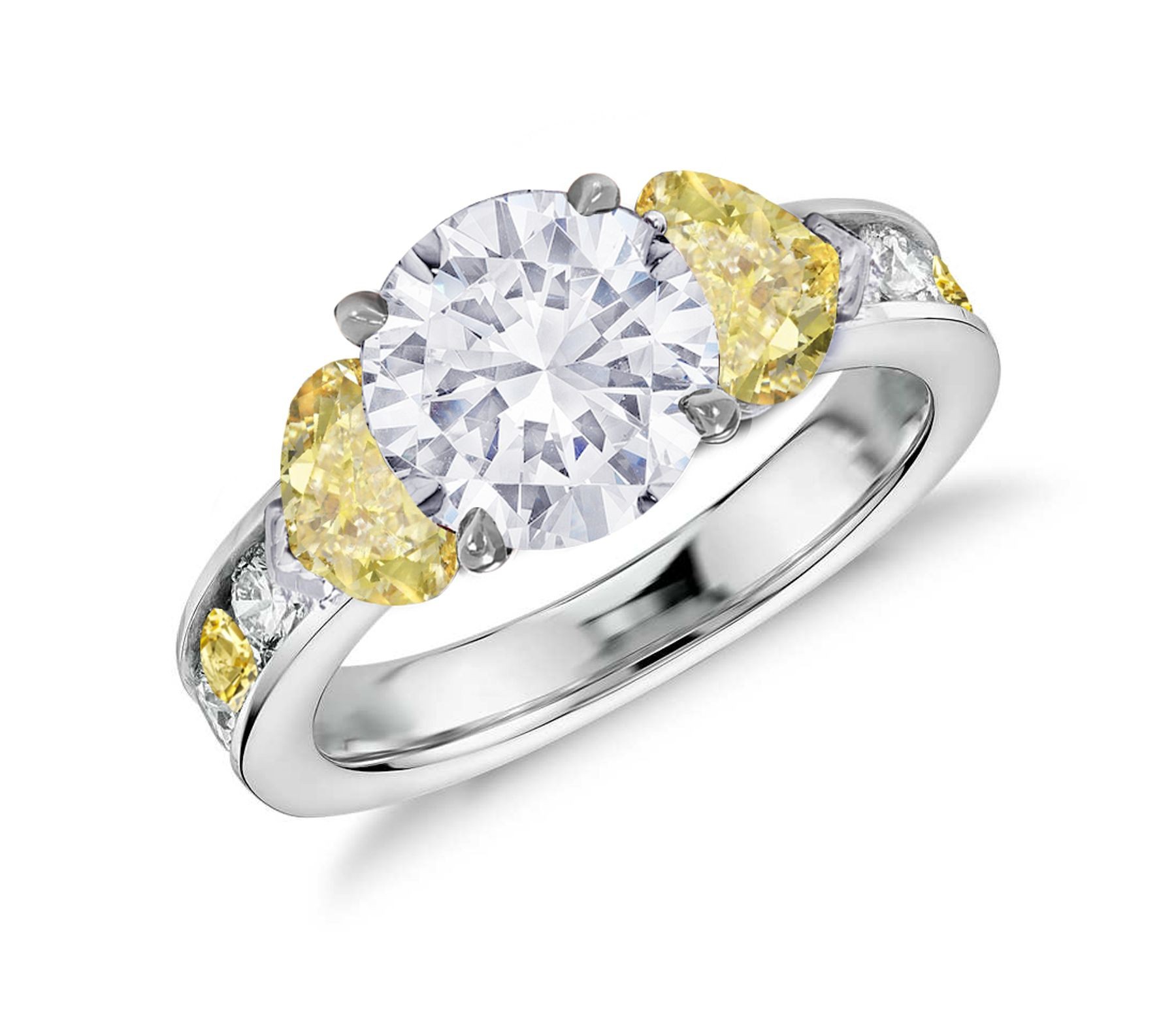 Three Stone Round Diamond & Heart Yellow Sapphires Rings With Further Diamond Accents