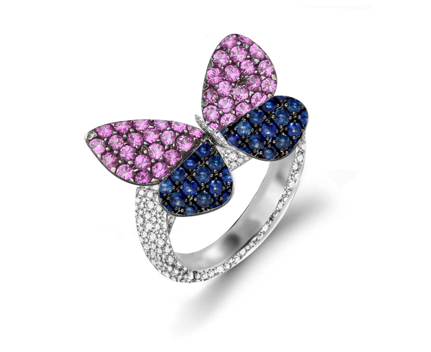 Delicate French Micro Pave Butterfly Rings Collection Featuring Vibrant Rainbow Colored Sapphires & Diamonds