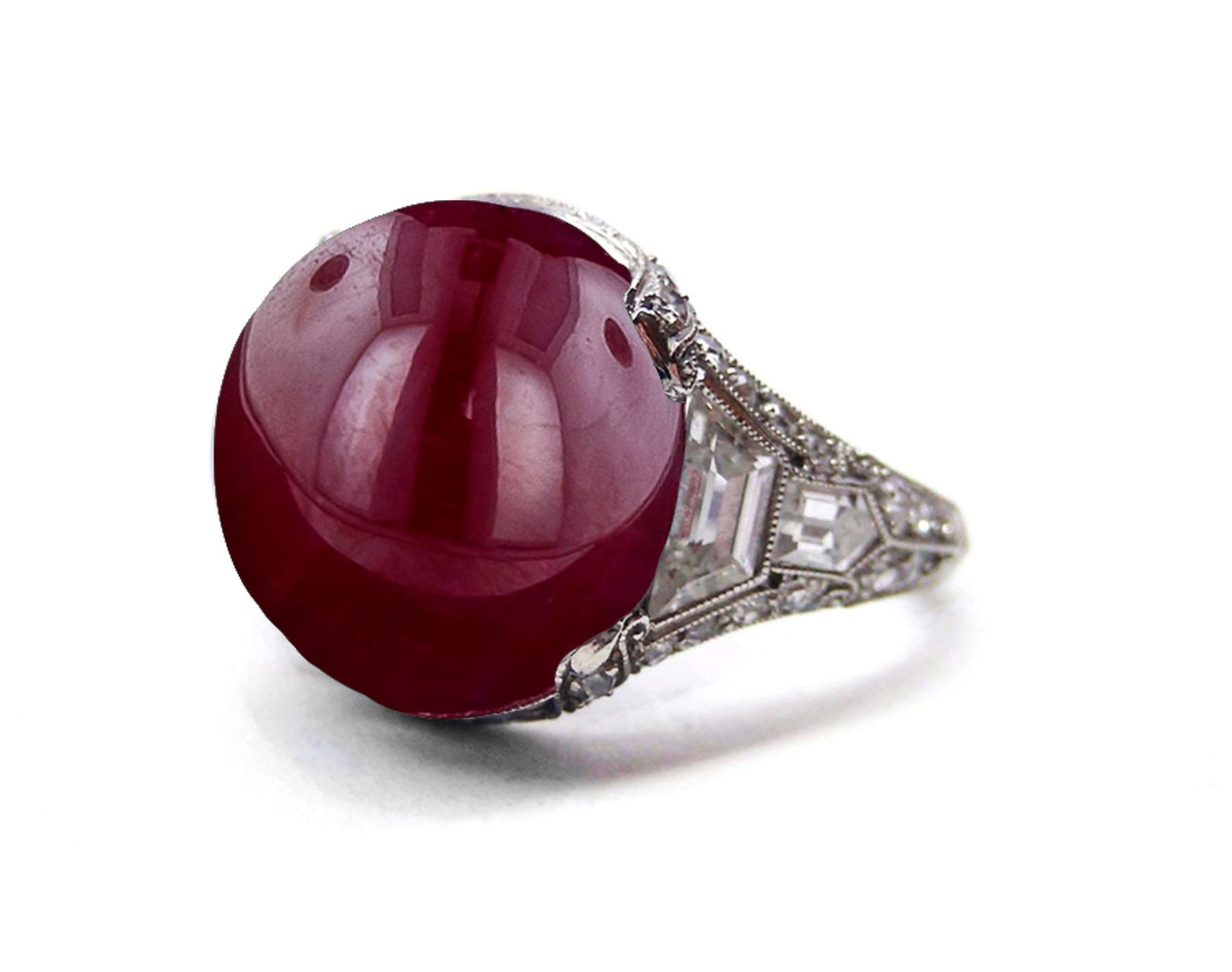 Edwardian, French, Belle Epoque, Platinum, Milgrain, Filigree, Luscious Red, Ruby Cabochon Ring Flanked