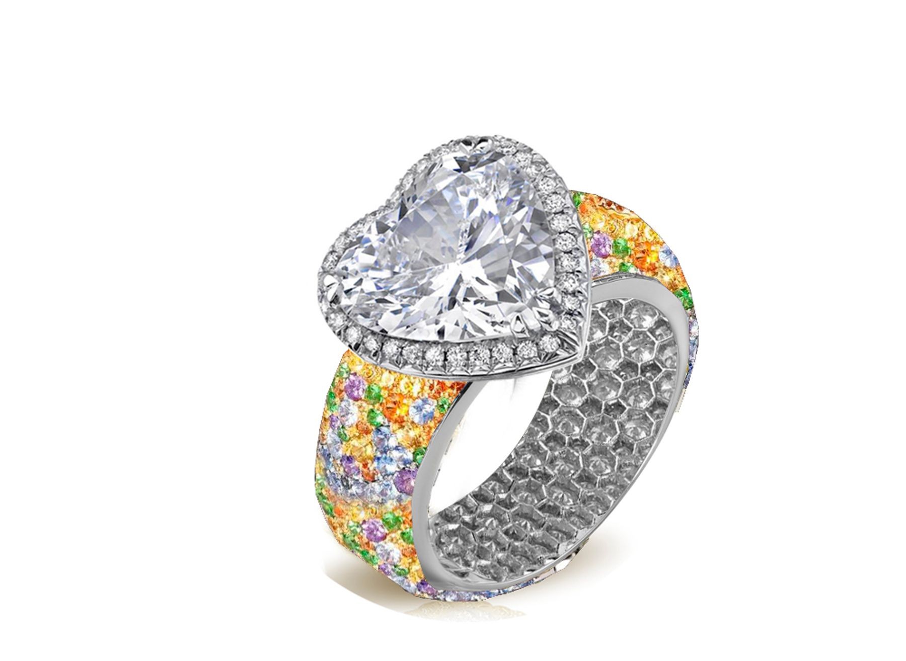 Halo Heart Diamond Ring with Diamonds & Colored Gemstones in Gold or Platinum