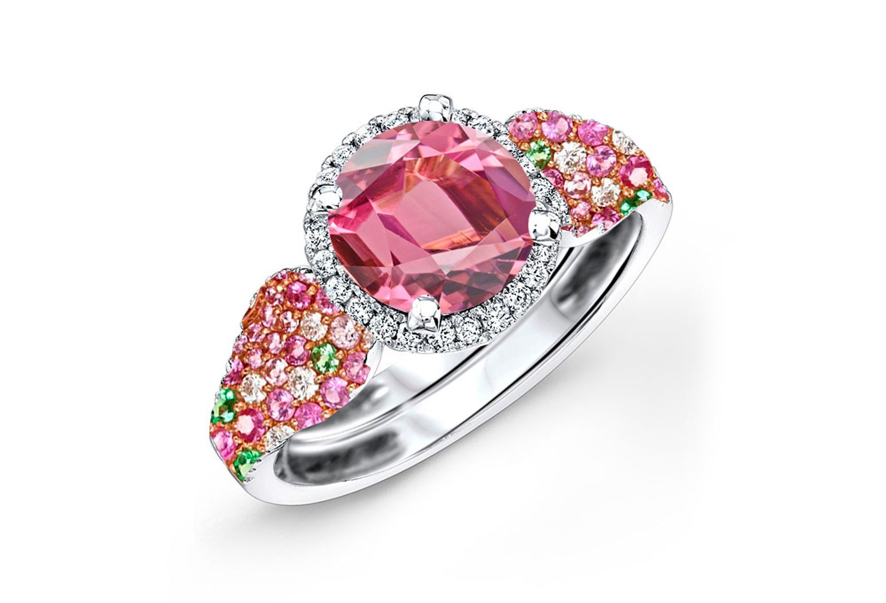 Made To Order Rings Featuring Delicate French Halo Pave Diamonds & Vivid Pink Sapphires