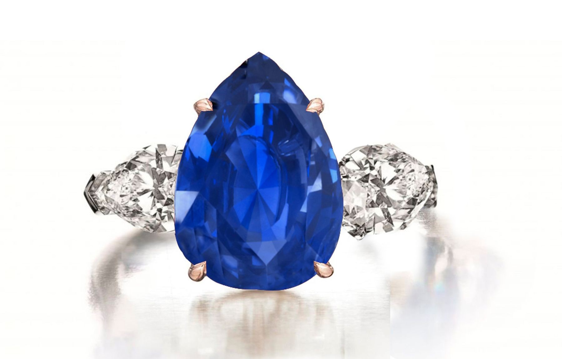 Custom Manufactured Three Stone Pear-Shaped Diamonds & Blue Sapphire Ring