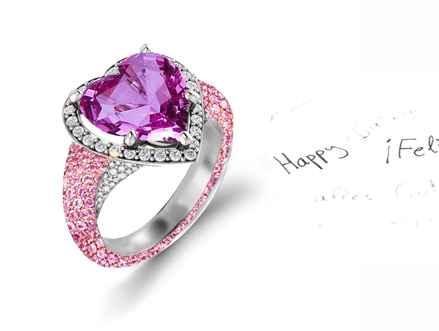 Custom Manufactured Precision Set Pave Halo Brilliant Round Diamonds & Heart Pink Sapphire Rings