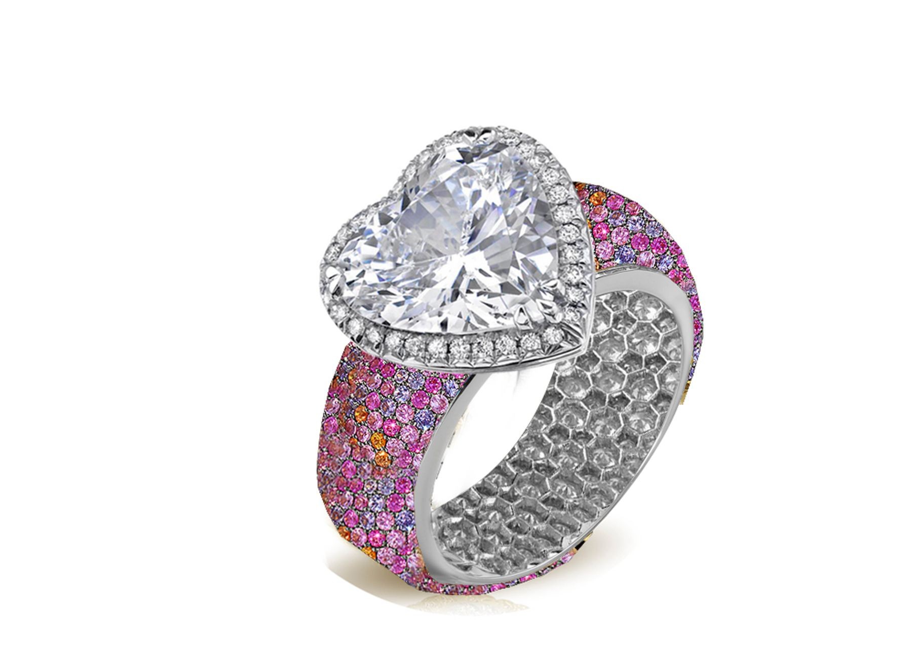 Halo Heart Diamond Ring with Diamonds & Rainbow Sapphires in Gold or Platinum