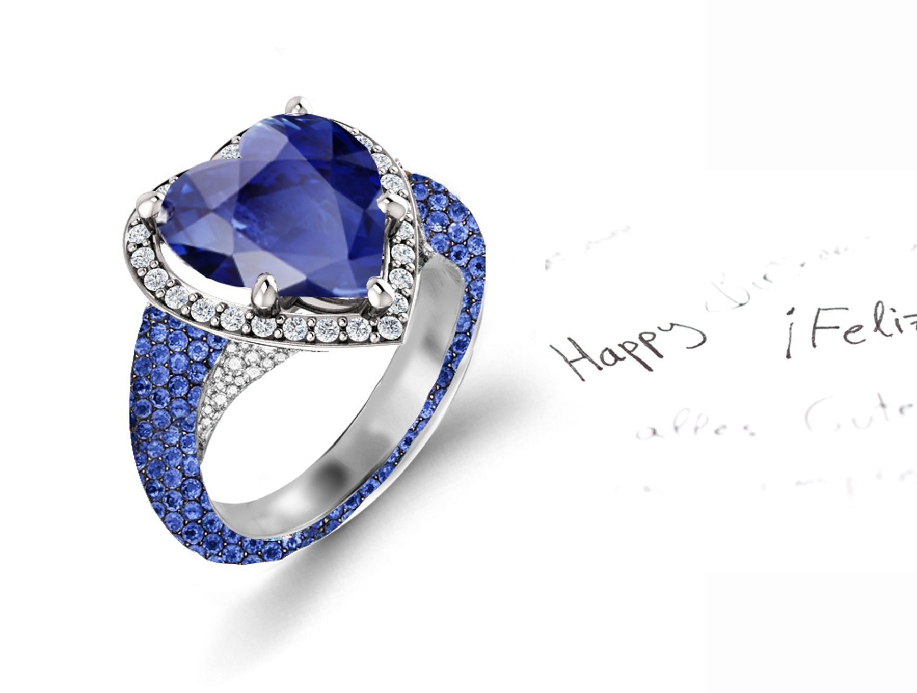 Custom Manufactured Precision Set Pave Halo Brilliant Round Diamonds & Heart Blue Sapphire Rings
