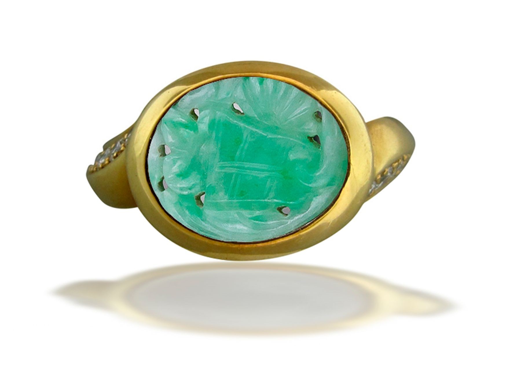 Special Design Art Nouveau "Vibrant" Natural Color Deep Candy Apple Green Jadeite Burma Carved Jade Ring