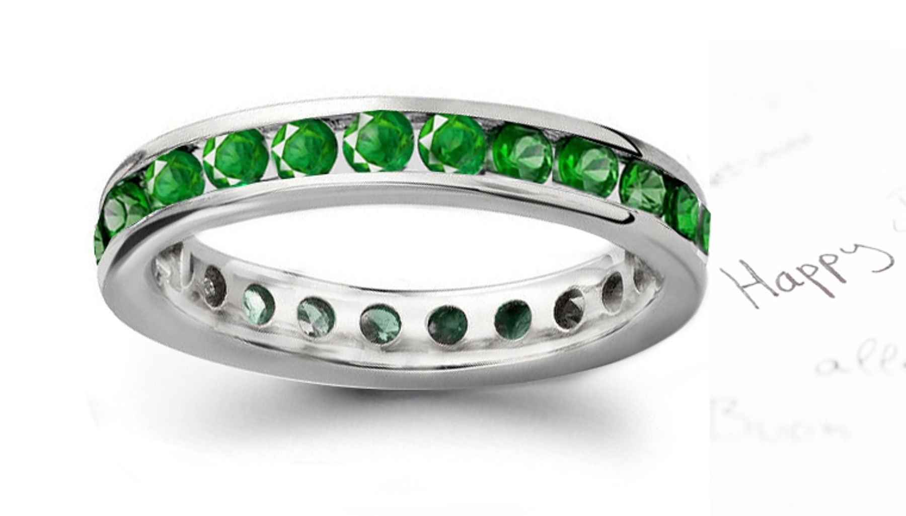 15th Anniversary Fine Emerald Anniversary Rings: Emerald and Diamond Rounds 24 26 RD Stones 4-Prong Set in 14K White Gold.