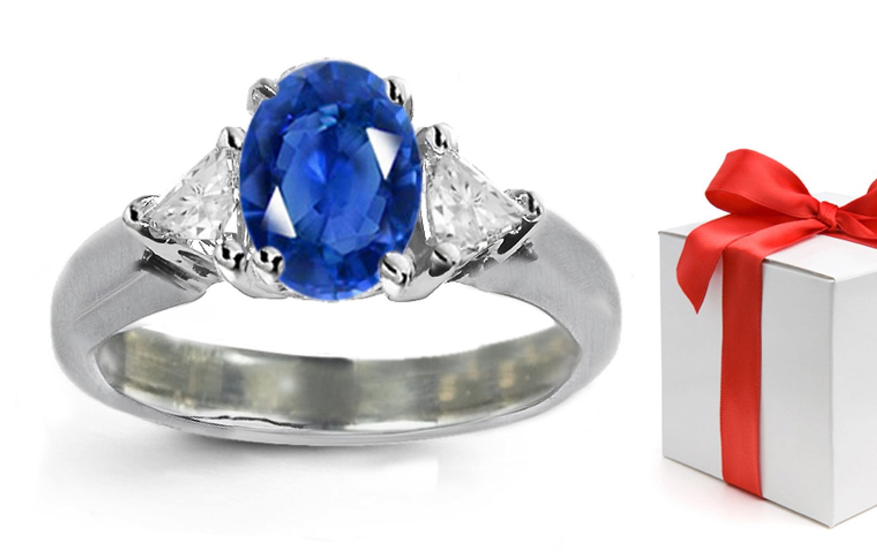 Celestial Hued Blue Sapphire Diamond Engagement Rings: Platinum Sapphire Oval & Diamond Trillions.