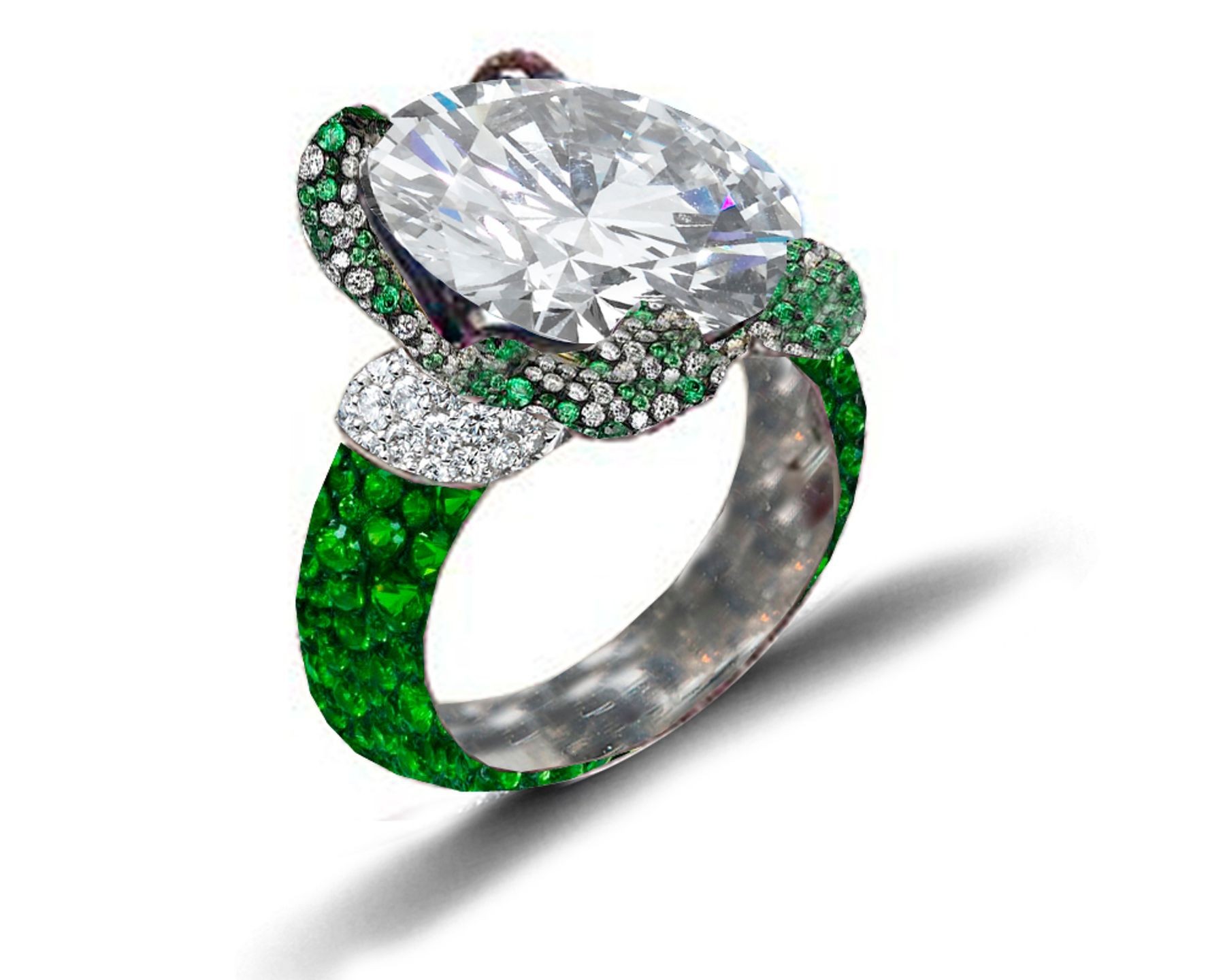 Ring with Round Diamond & Pave Set Emeralds & White Diamonds in Gold or Platinum