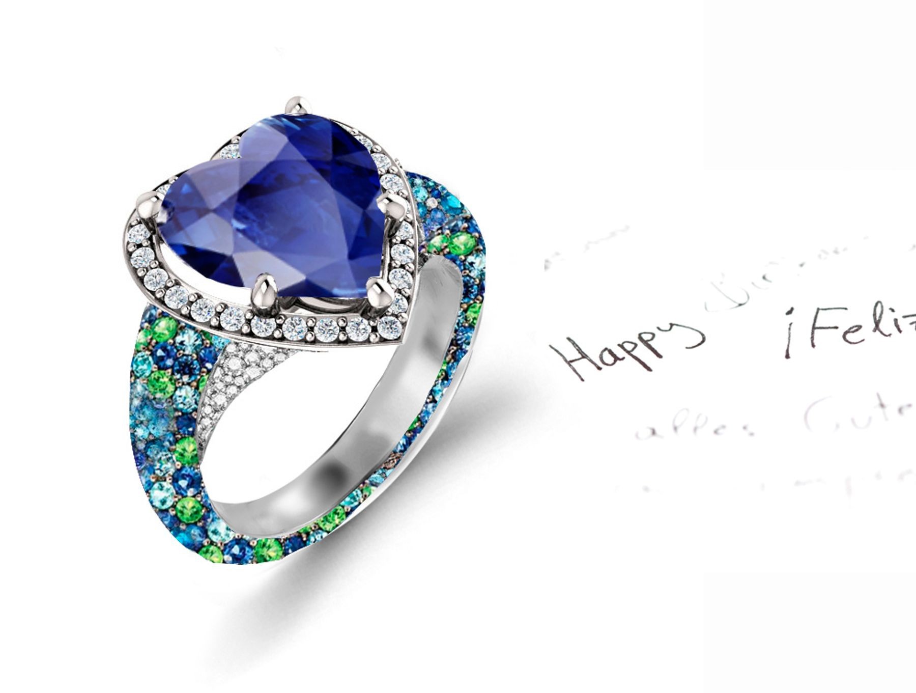 Custom Manufactured Precision Set Pave Halo Brilliant Round Diamonds & Heart Blue Sapphire Rings