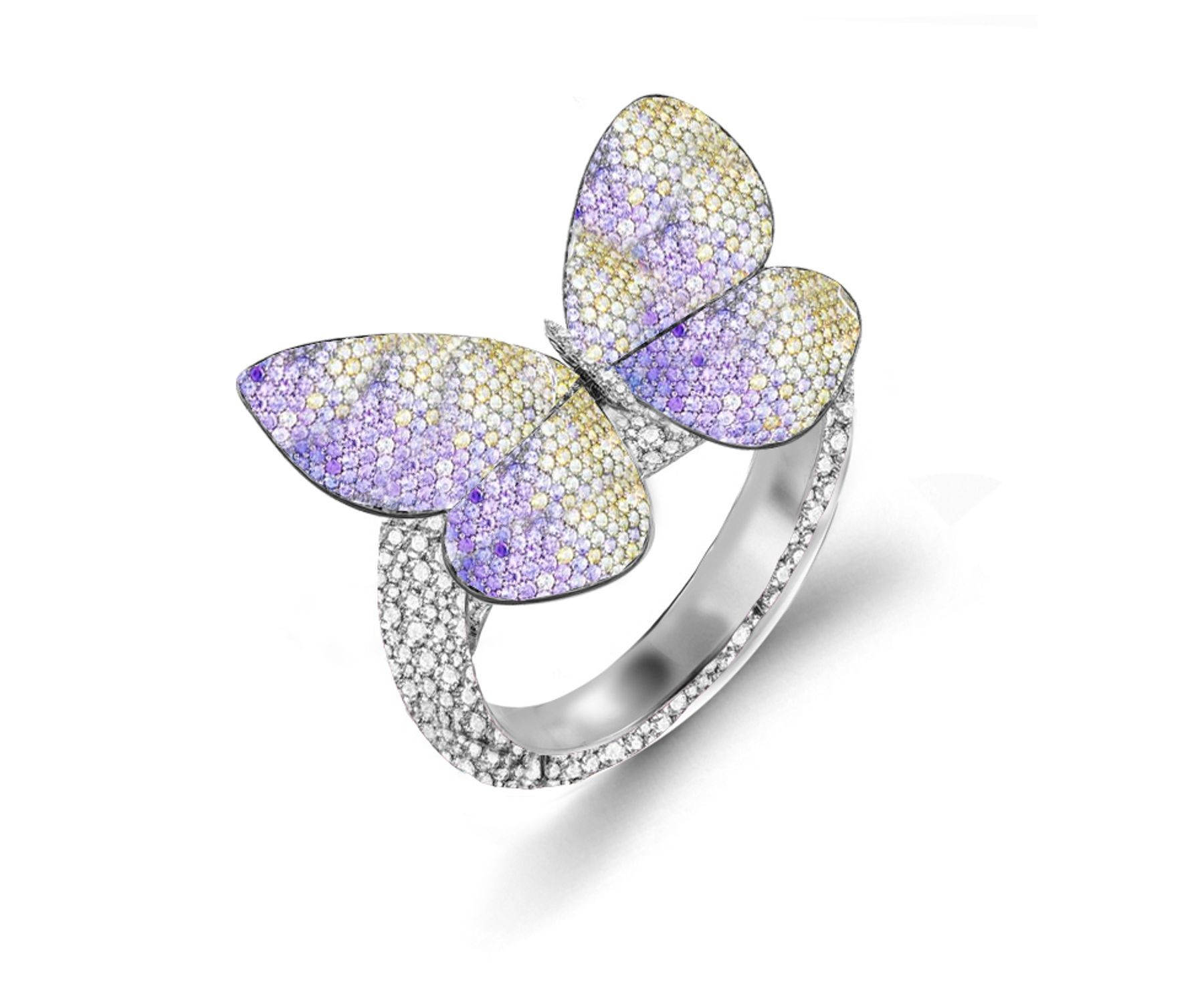 Delicate French Micro Pave Butterfly Rings Collection Featuring Vibrant Rainbow Colored Sapphires & Diamonds