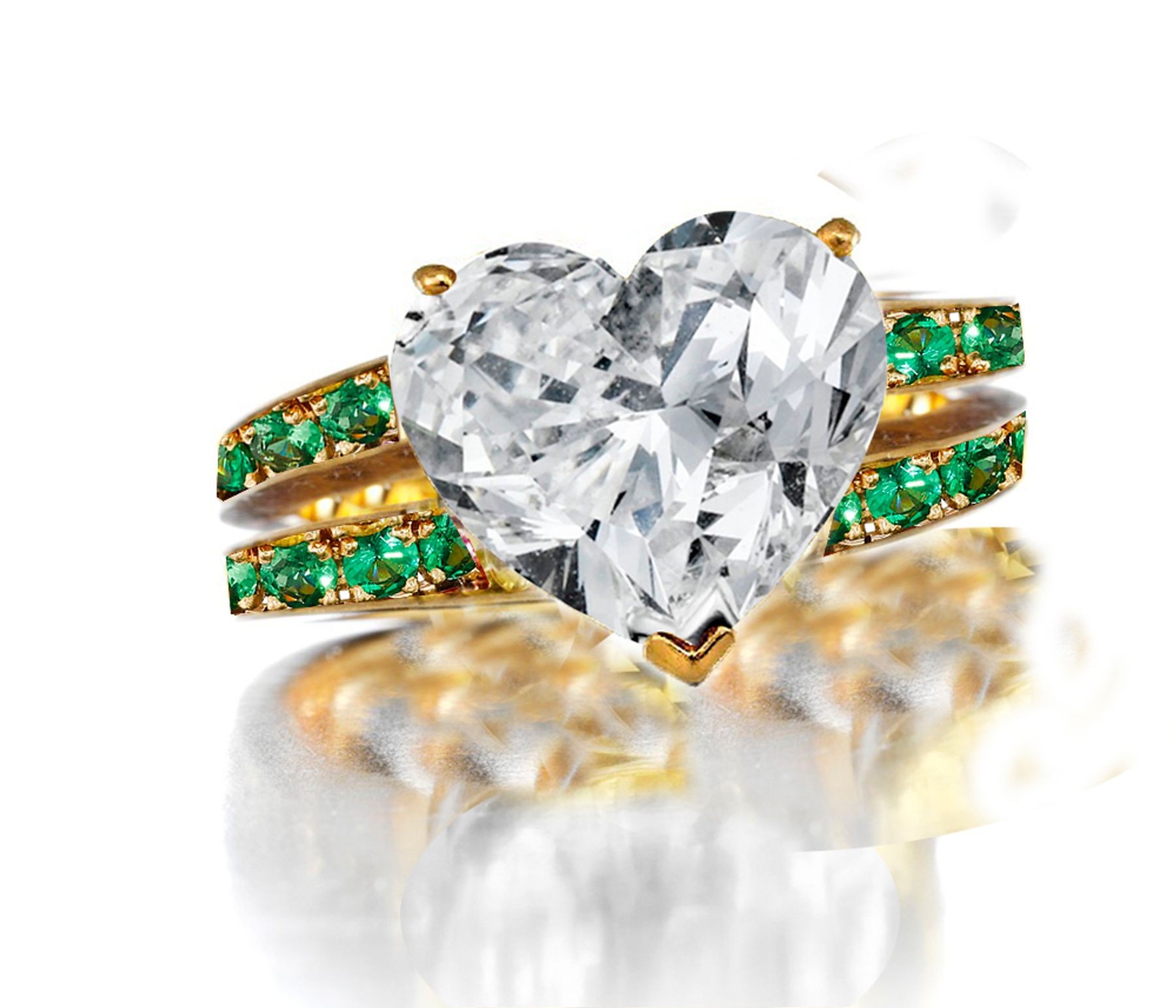 Ring with Heart Diamond & Pave Set Emeralds & White Diamonds in Gold or Platinum