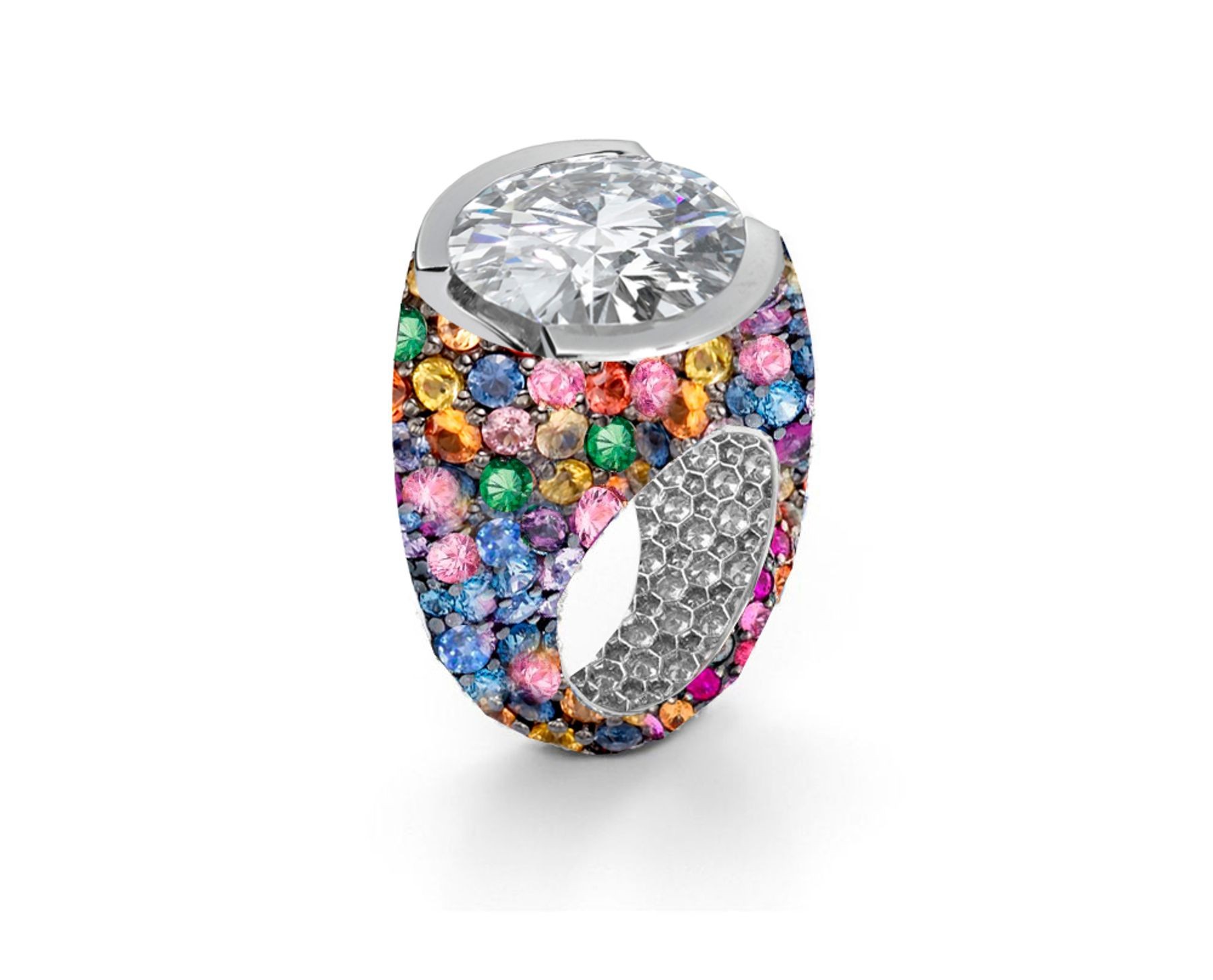 Custom Round Diamond & Rainbow Sapphire Engagement and Right Hand Rings