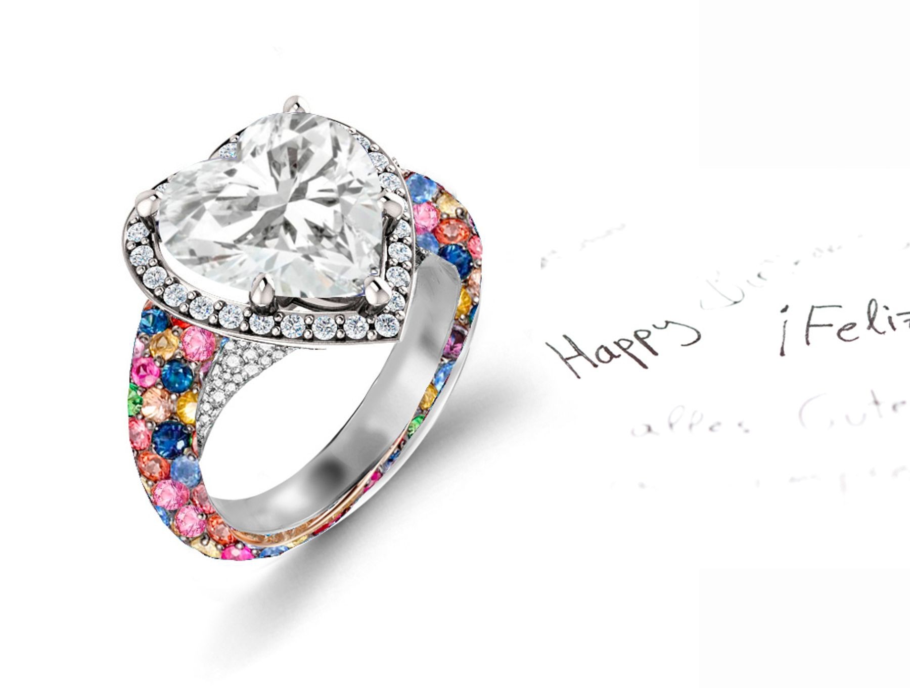 Made to Order Precision Set Pave Halo Brilliant Round & Heart Diamonds & Multi Colored Sapphire Rings