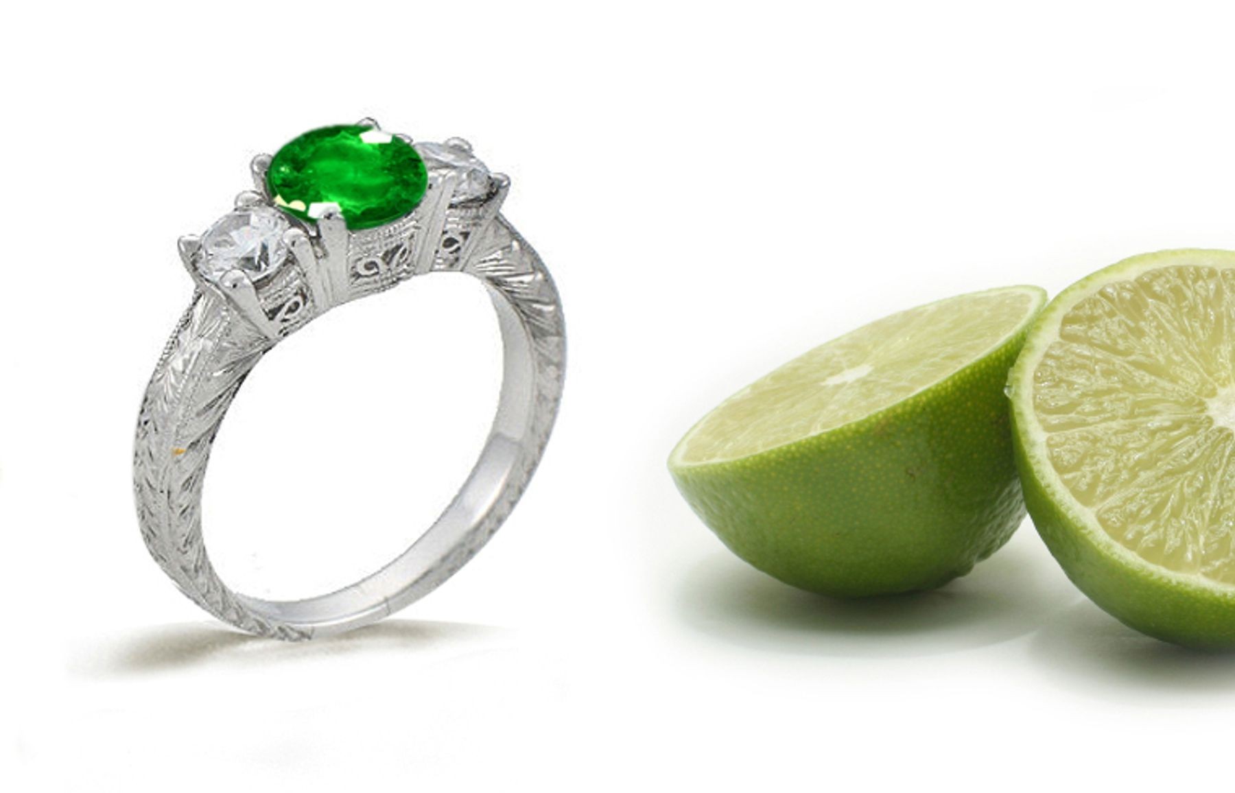 Engraved Filigree Antique Style Three Stone Emerald & Diamond Engagement Rings