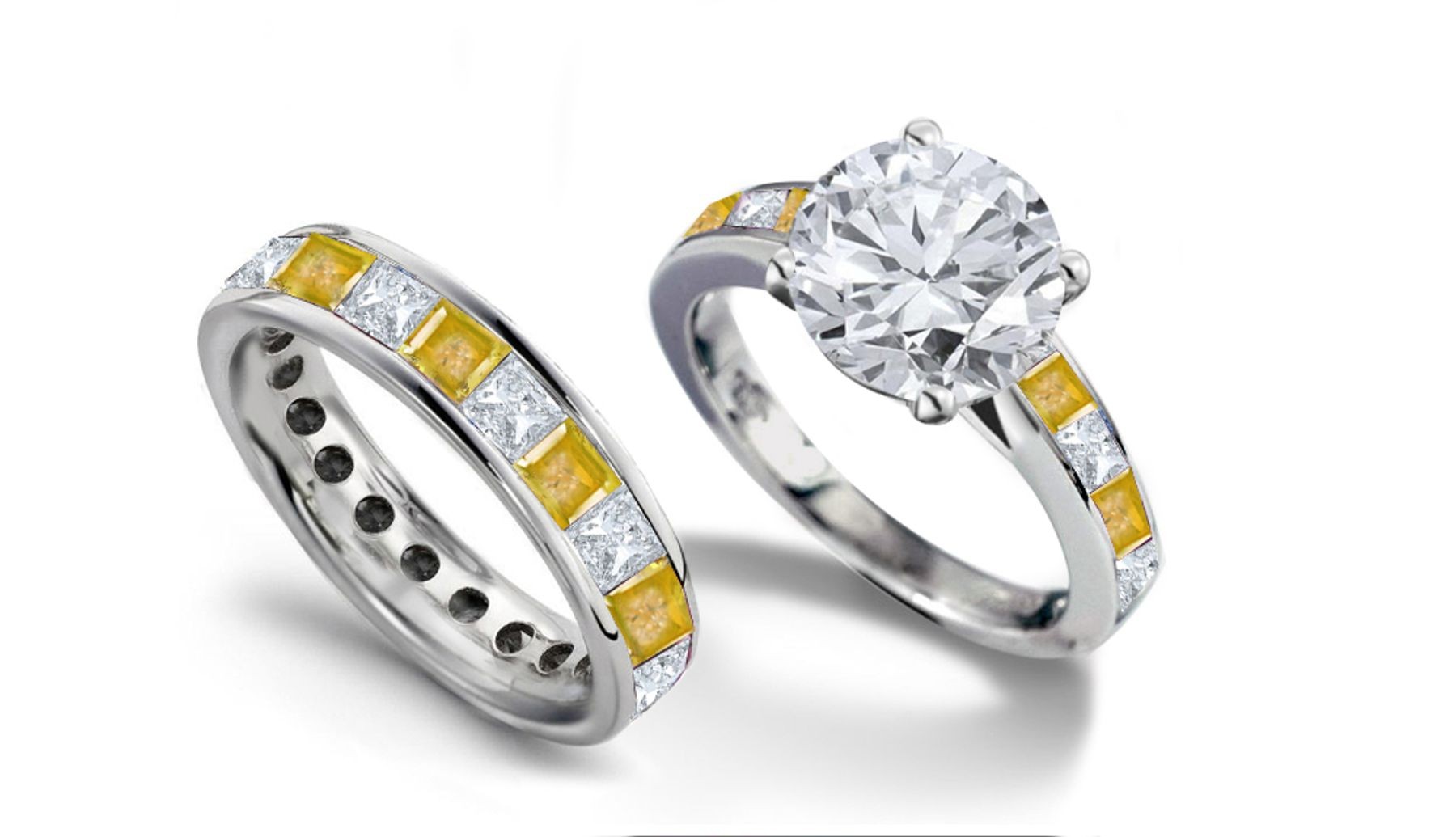 Round Diamond & Princess Cut Yellow Sapphire Diamond Engagement Ring & Wedding Wedding Band in 2 to 2.5 cts