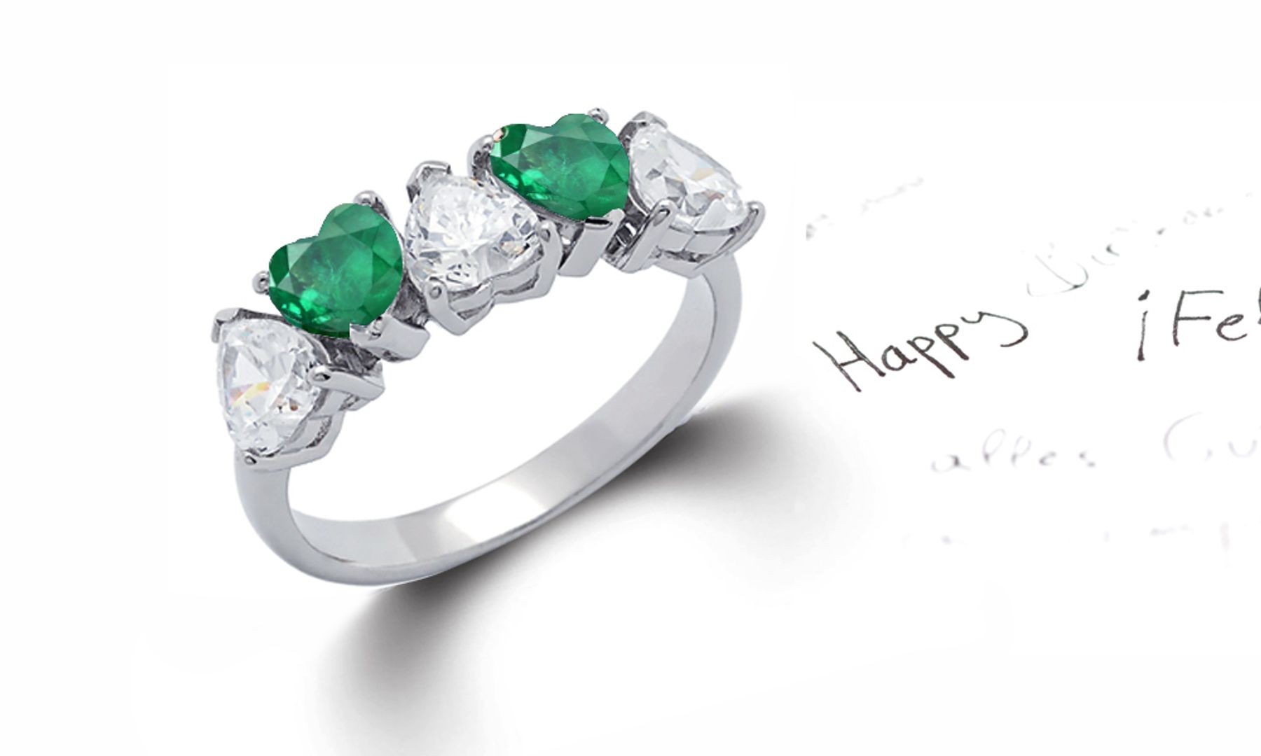Heart Shaped Green Emerald & Diamond Half Eternity Rings in Gold or Platinum
