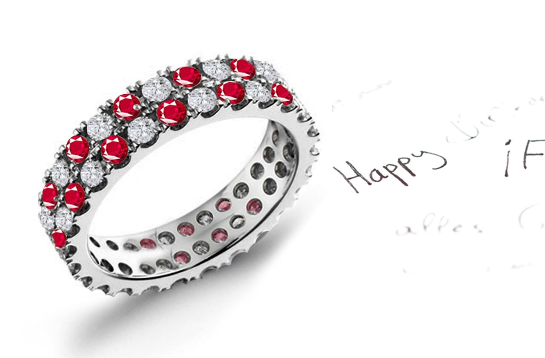 Love: Two Sparkling Rows of Ruby & Diamond Eternity Bands in Platinum 950