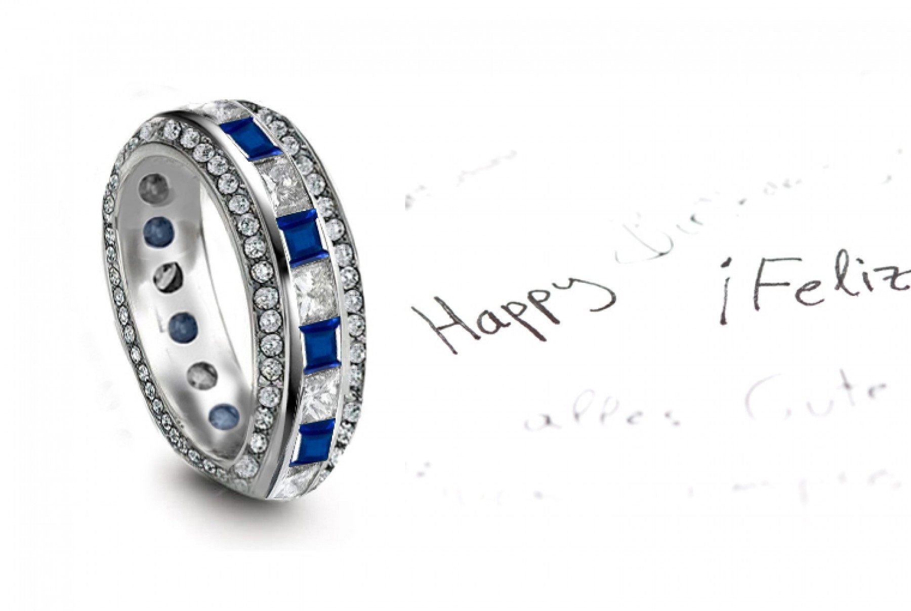 Spell Will Endure: Princess Diamond & Sapphire Halo Eternity Band in Gold