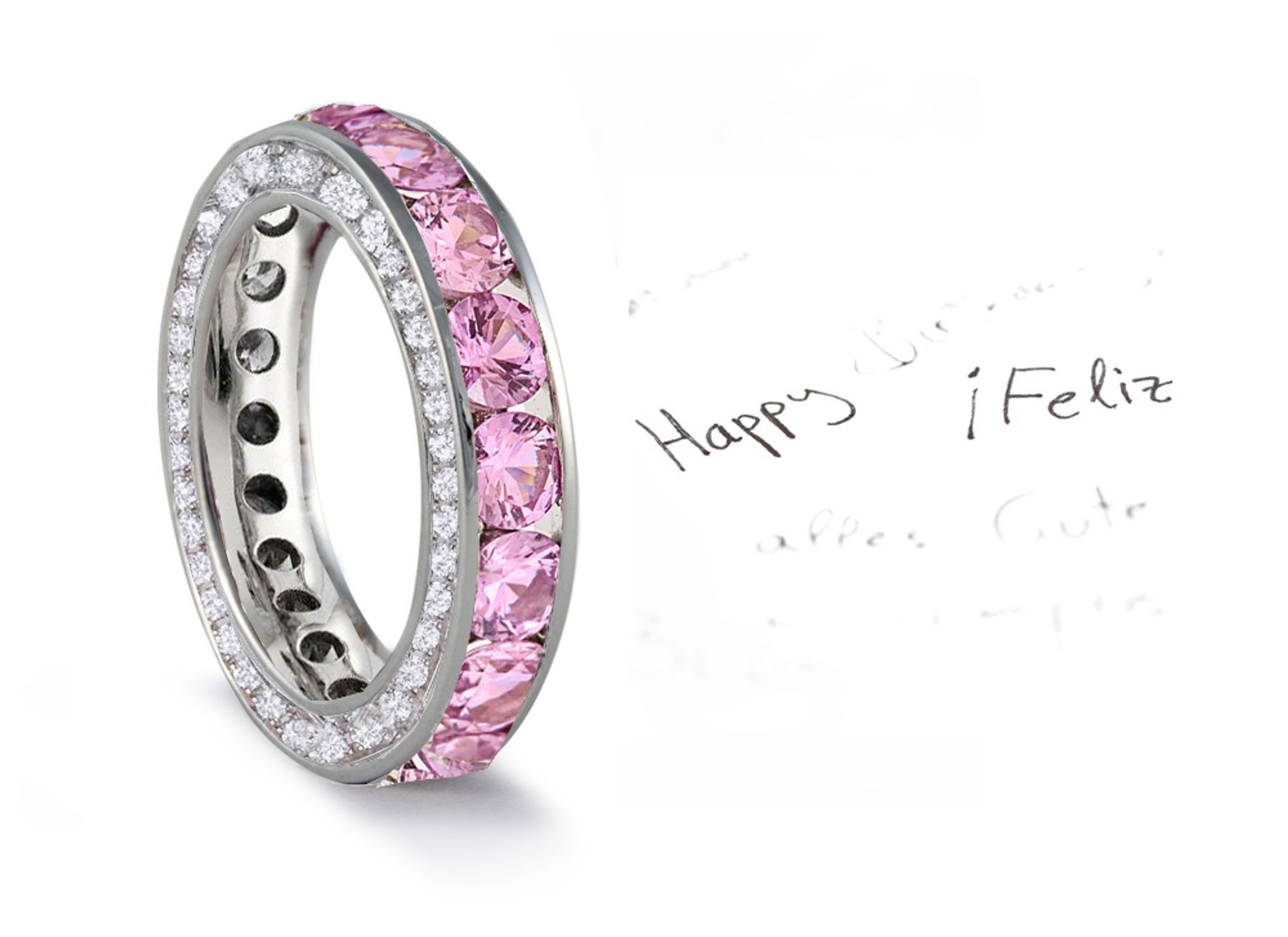Micro pave Halo Brilliant Cut Round Diamond & Pink Sapphire Eternity Rings