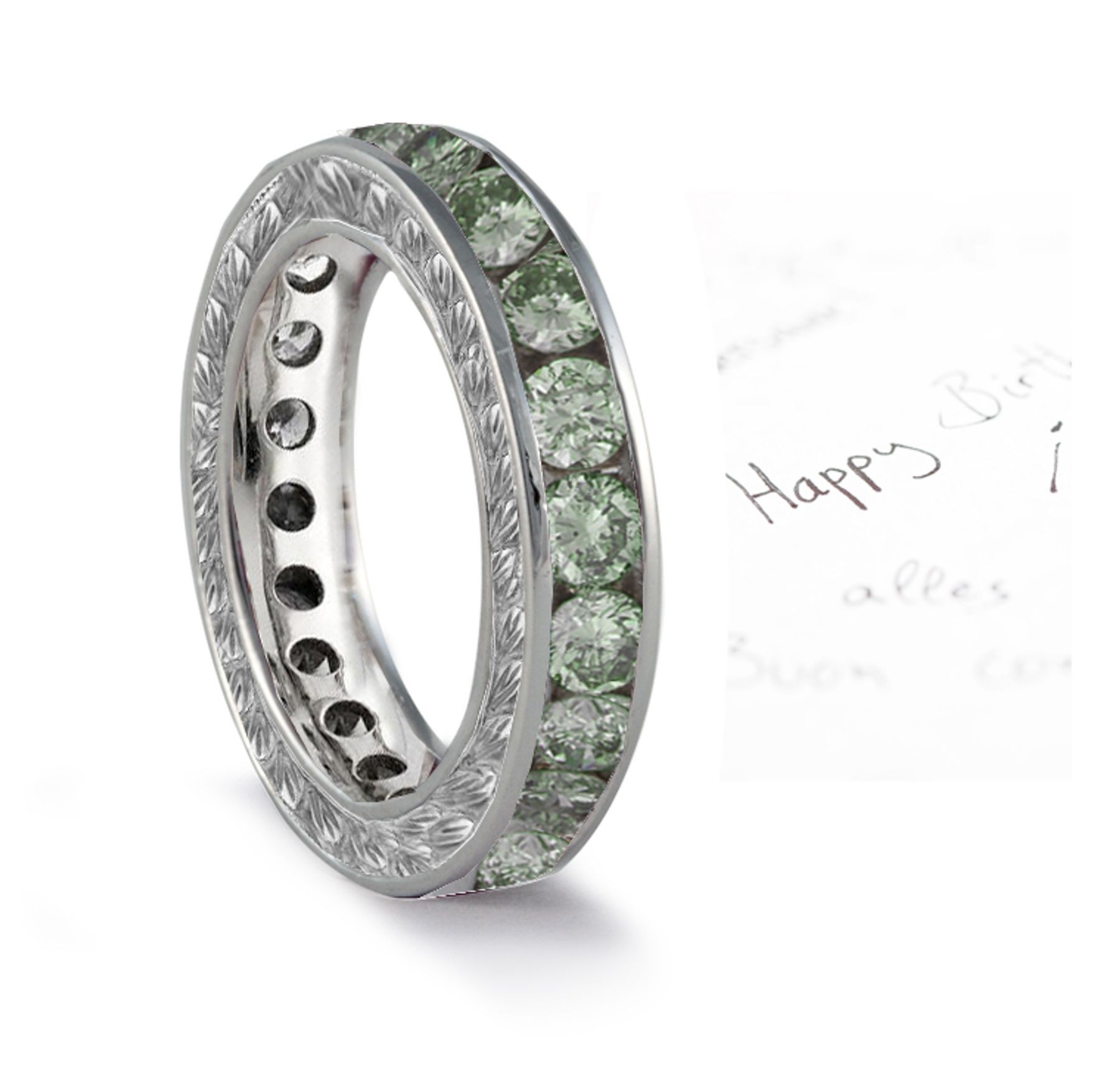 Antique Style Green Diamond Band Sides Profusely Engraved with Scroll, Floral & Leaf Motifs