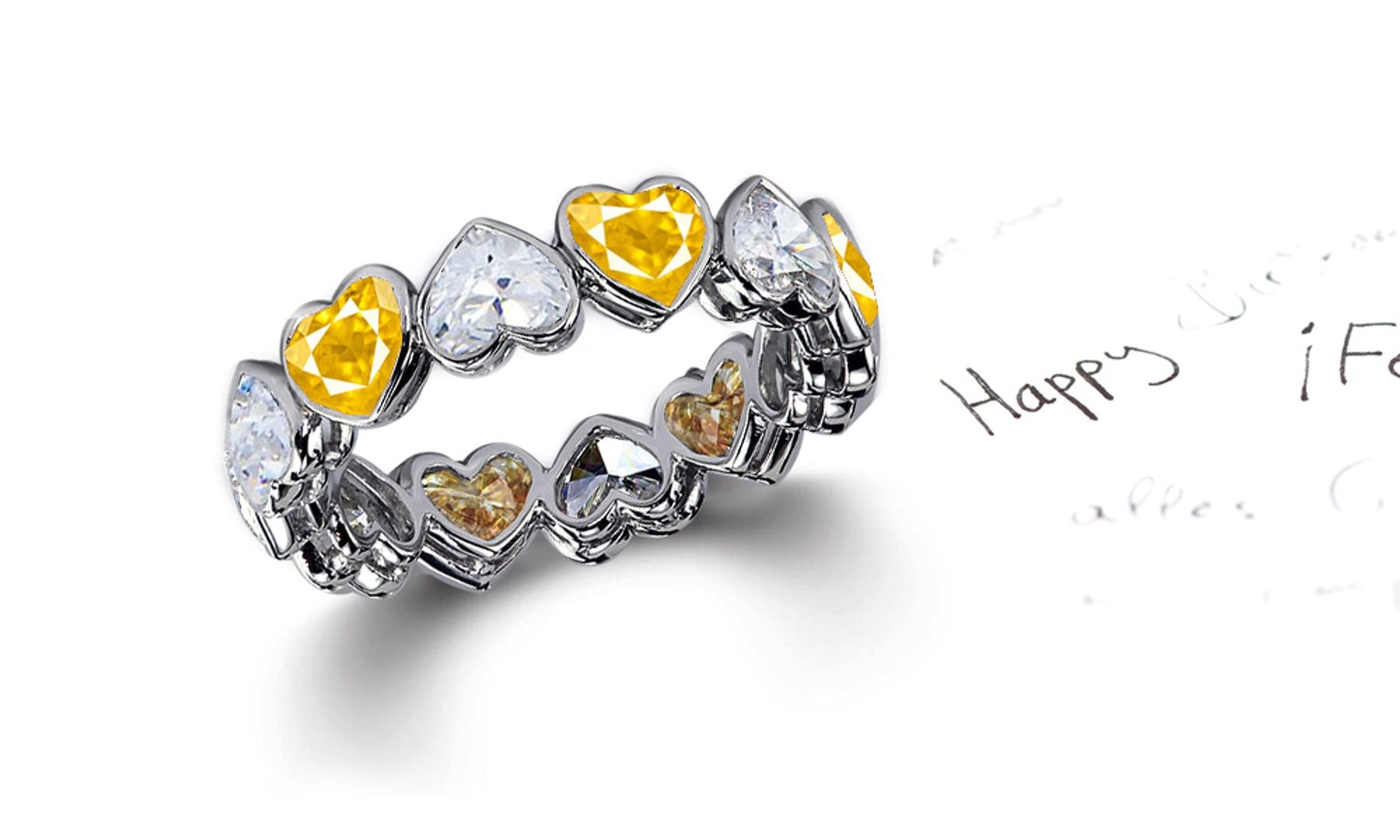 Delicate Heart Shaped Diamond Bezel Set Yellow Sapphire & Diamond Eternity Rings