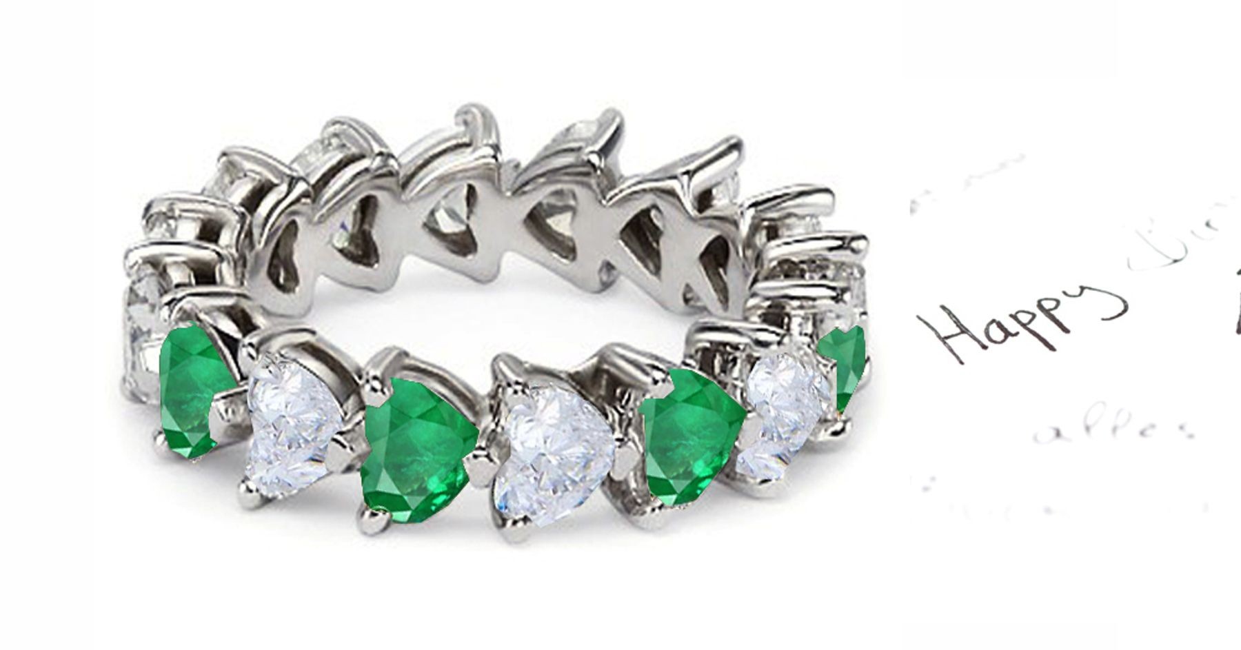 Heart Shaped Diamond Prong Set Diamond & Green Emerald Eternity Rings in Gold