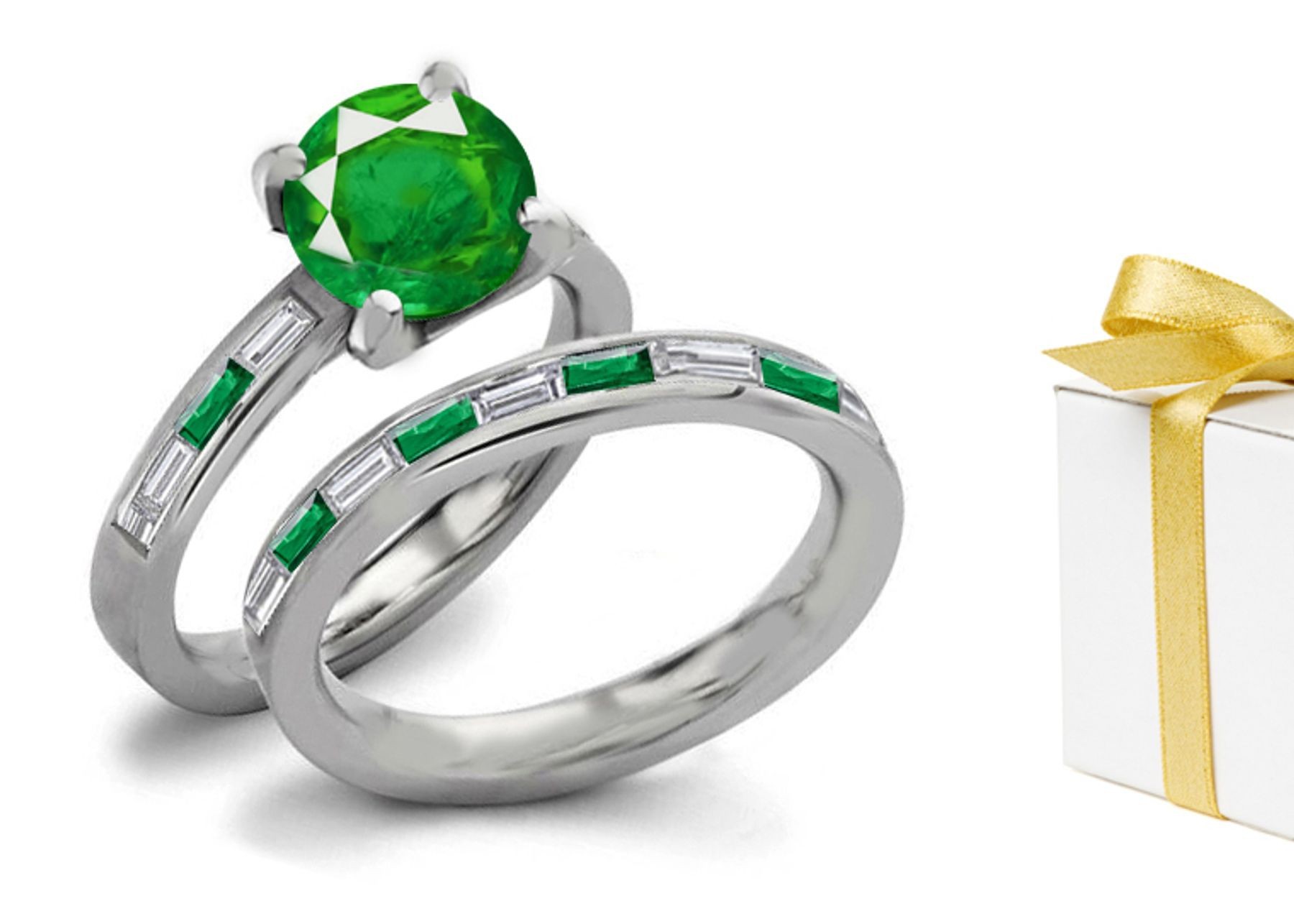 Various Creations: Stunning Composition Cut in Half Rounded Shape True Emerald Ring With Diamonds in 14k White Gold 