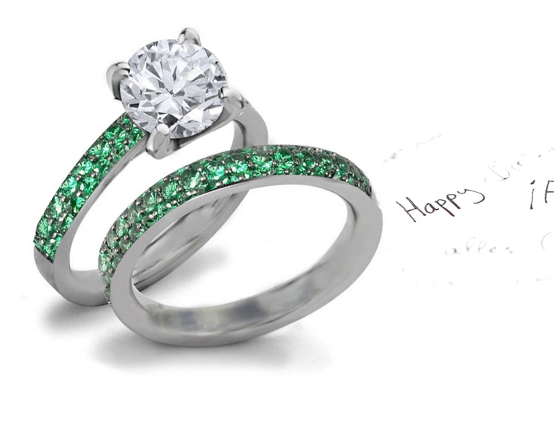 Made to Match: Blazing Gem-City French Pave' Emeralds & Diamonds Set in Rings in 14k White Gold