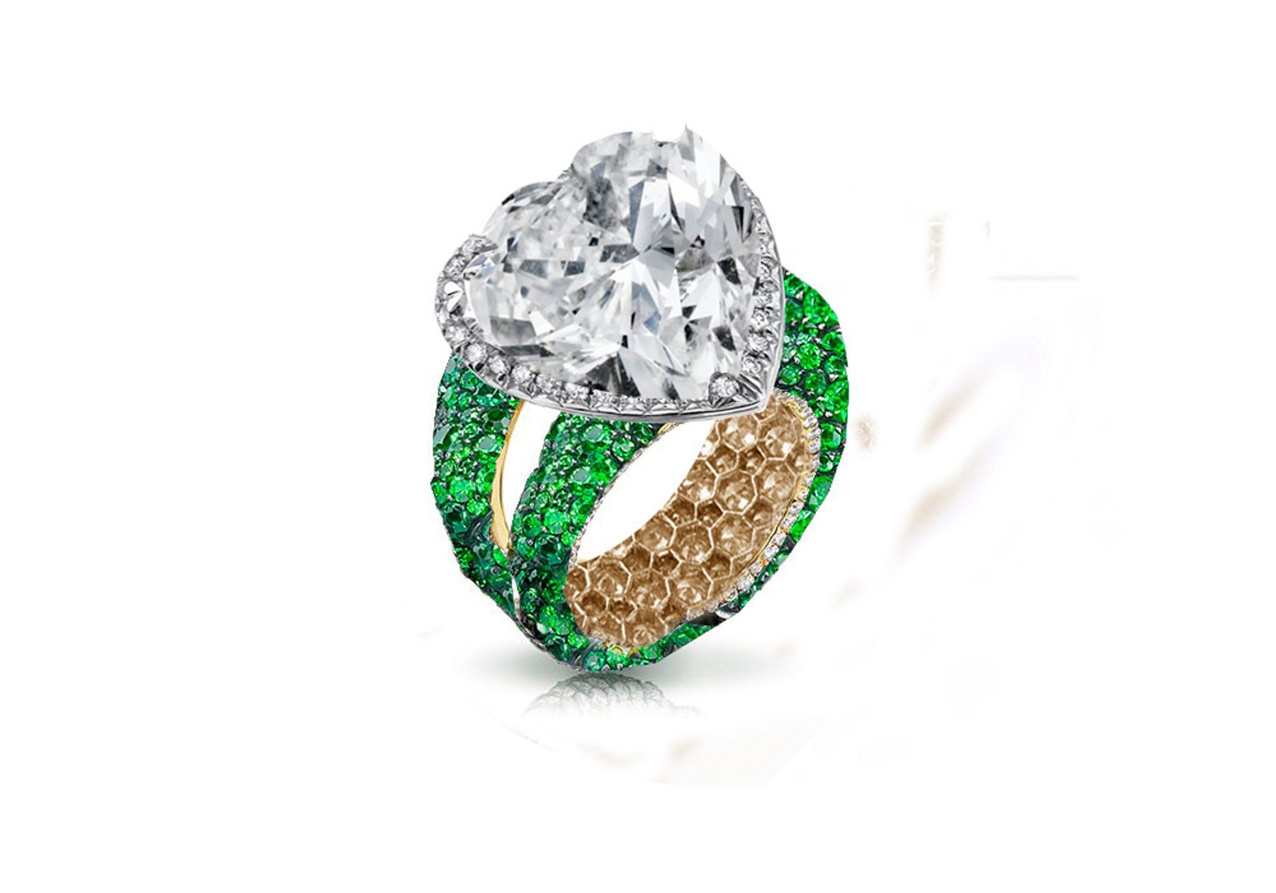Ring with Heart Diamond & Pave Set Emeralds & White Diamonds in Gold or Platinum