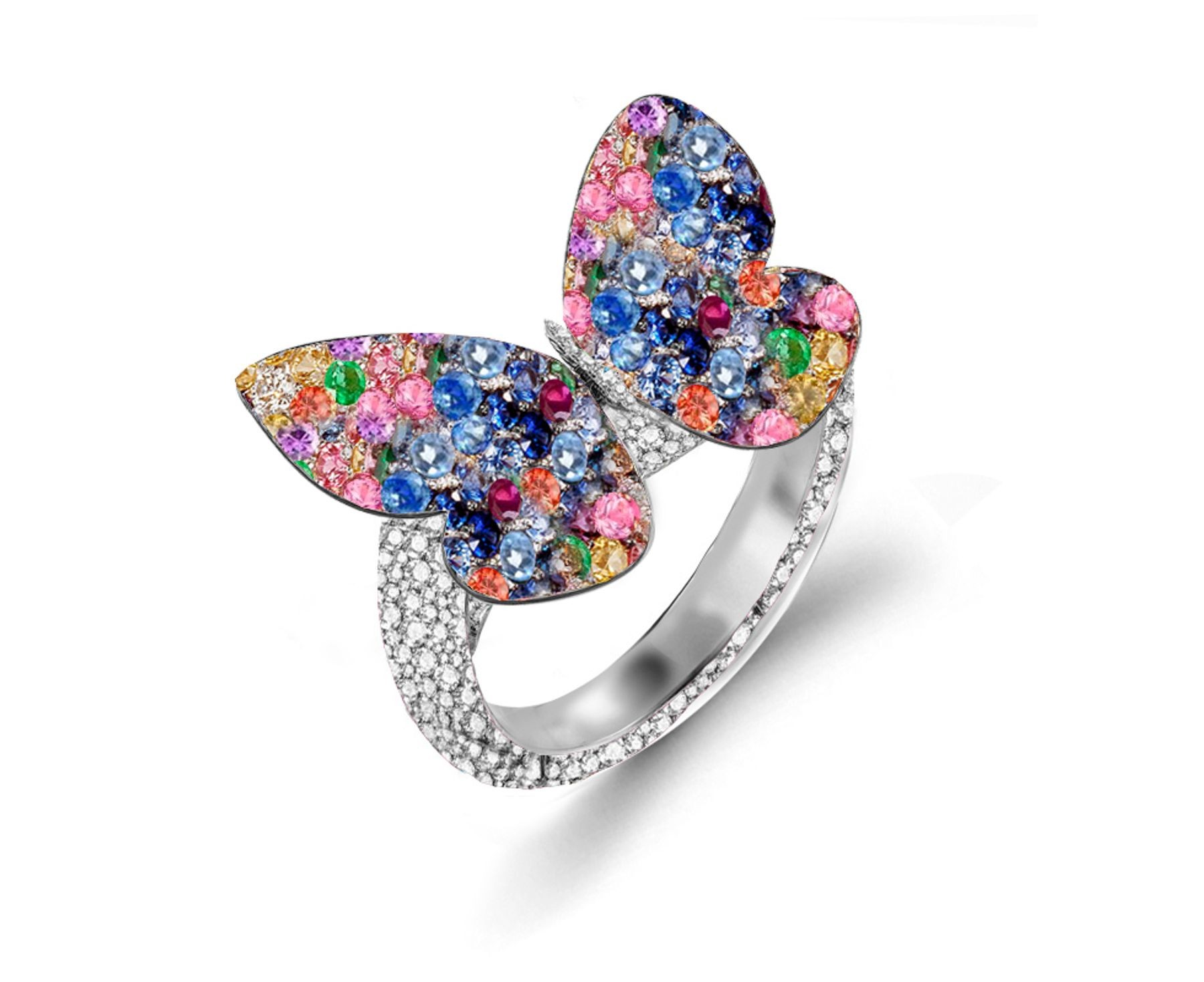 Delicate French Micro Pave Butterfly Rings Collection Featuring Vibrant Rainbow Colored Sapphires & Diamonds