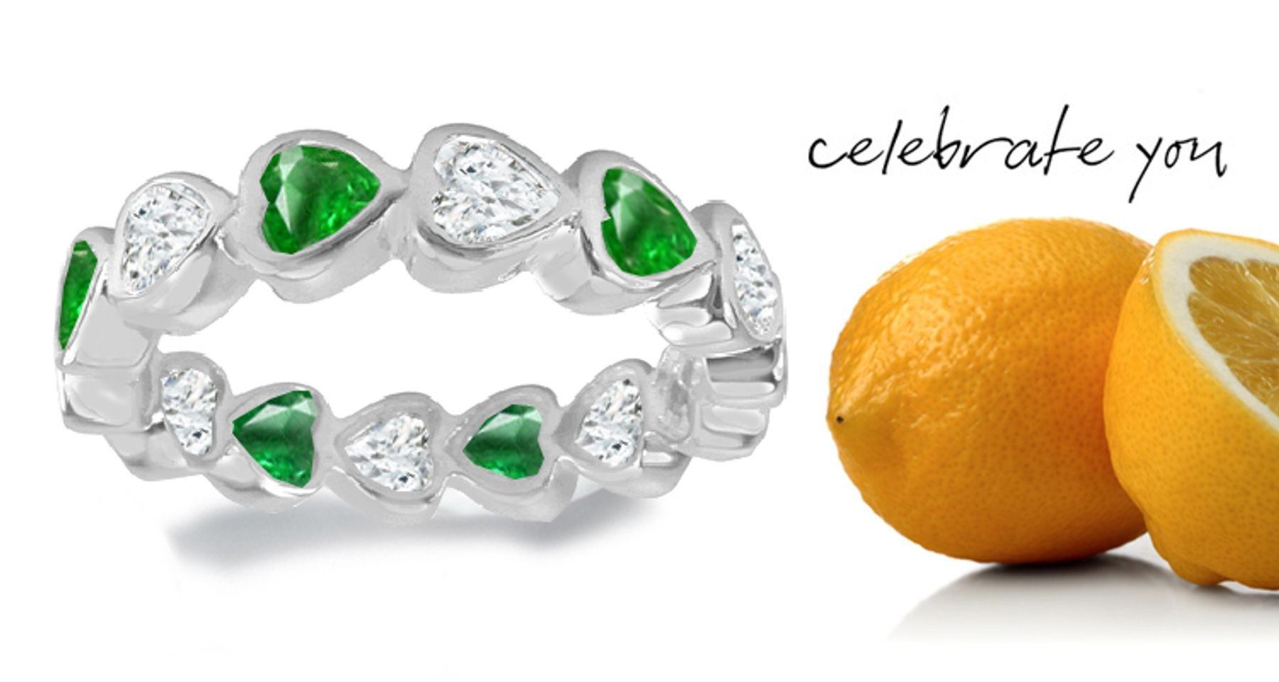 Perfect Stories: "Striking" Heart Emerald & Diamond Eternity Band in Platinum & Gold