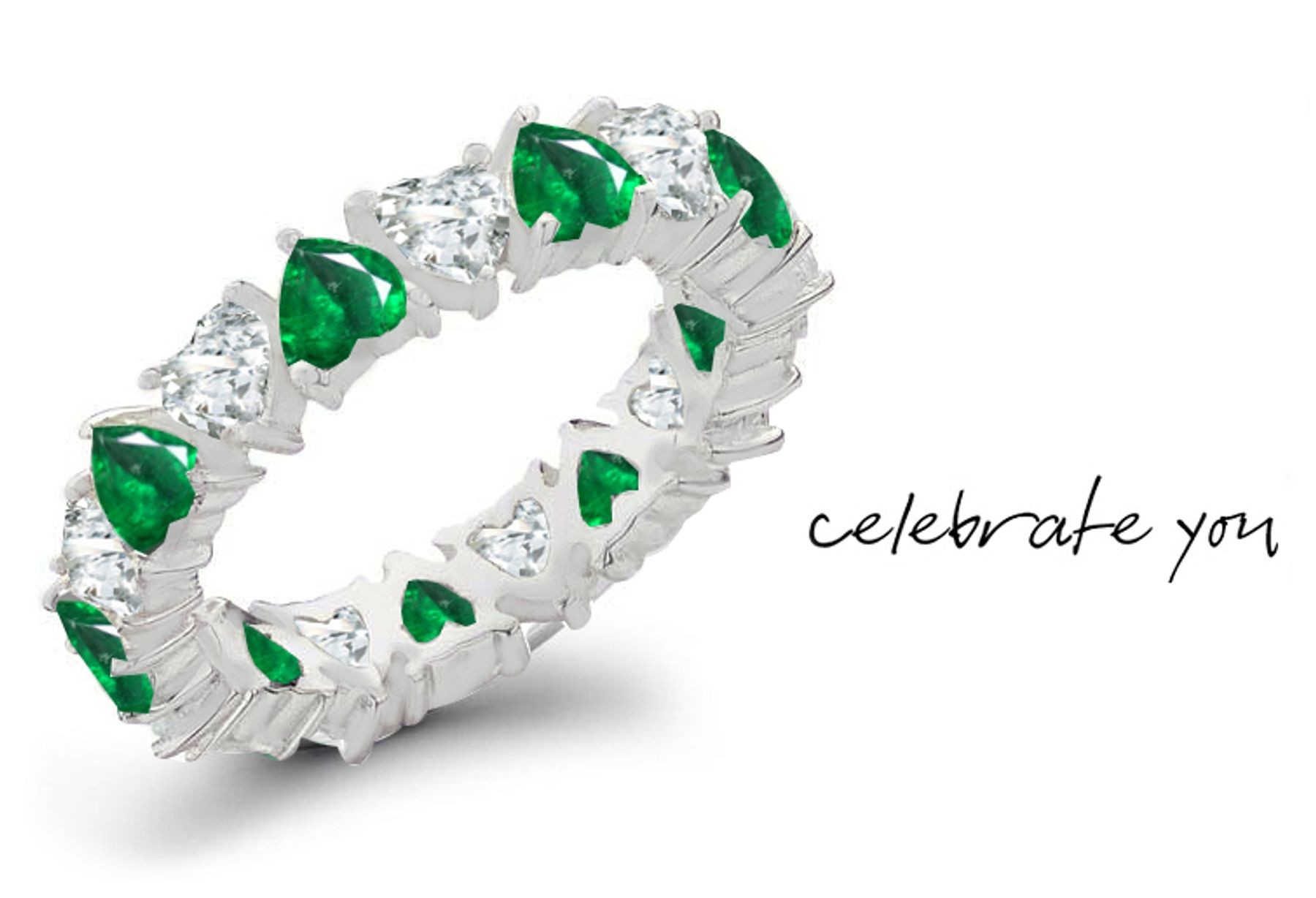 Legendary Designs: Exquisite Heart Emerald & Diamond Eternity Ring in Gold & Platinum