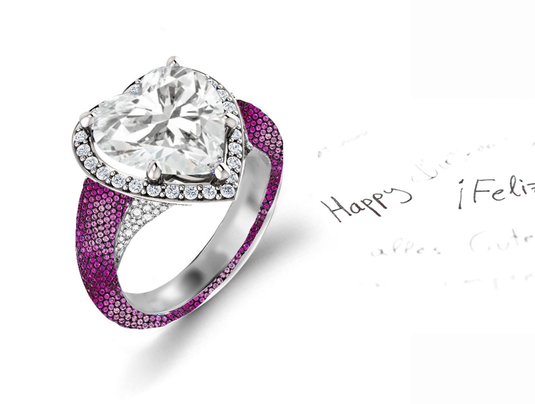 Custom Manufactured Precision Set Pave Halo Brilliant Round & Heart Diamonds & Pink Sapphire Rings