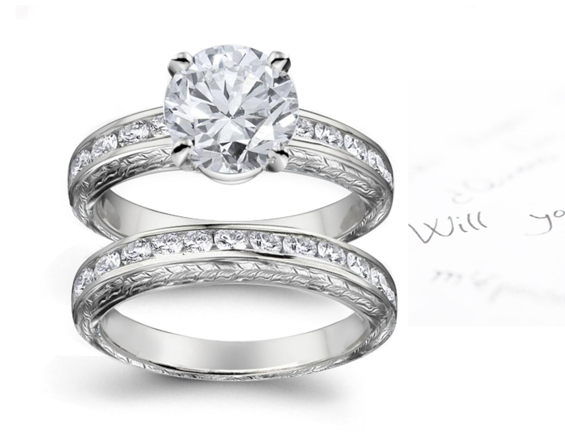 Antique Diamond Engagement & Wedding Floral Scrolls & Motifs Ring & Band in Platinum
