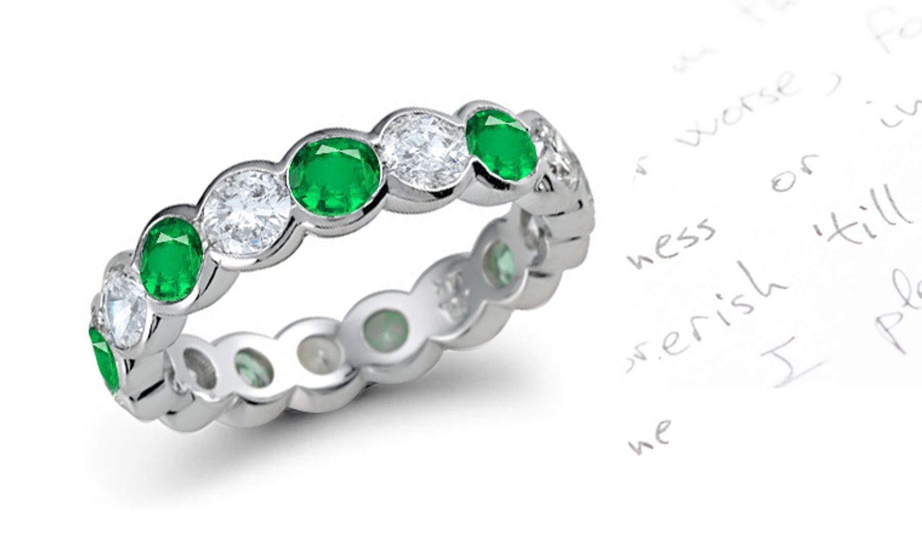 Forever Yours Emerald Jewelry Eternity Rings: Custom Made Emerald & Diamond Bezel Set in White Gold.