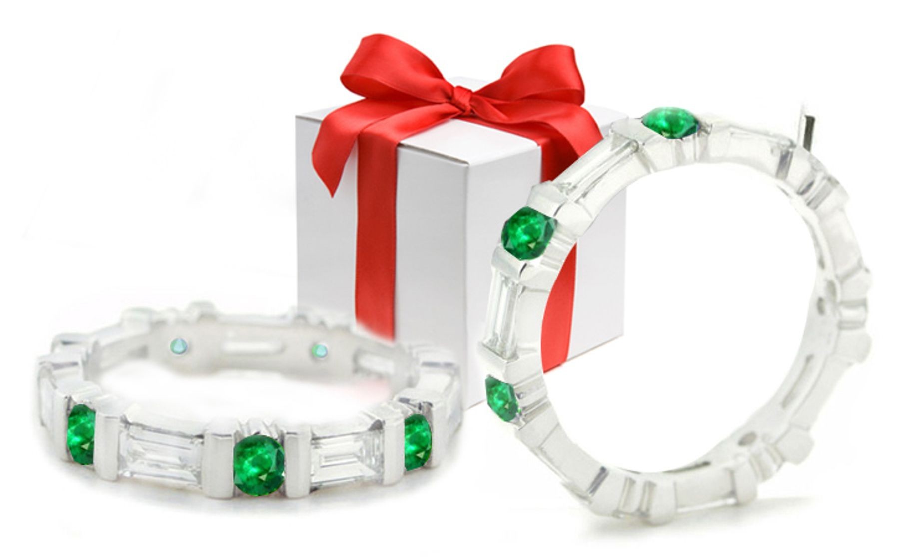 Everlasting Emerald Jewelry Eternity Rings: 21PLW483EM: Alternated round emeralds & baguette diamonds bar set with 1.40 carats total weight in 14K White Gold