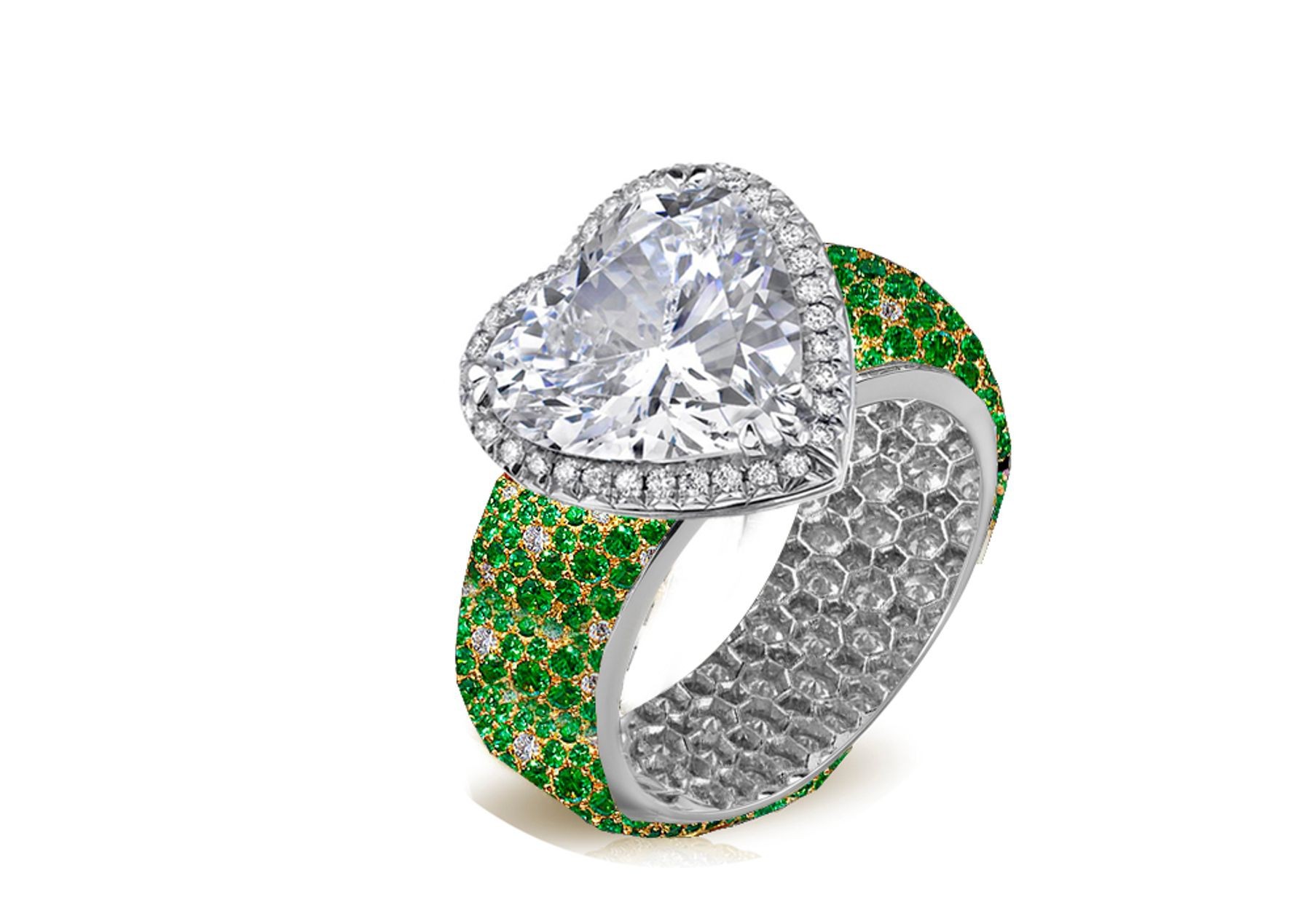 Ring with Heart Diamond & Pave Set Emeralds & White Diamonds in Gold or Platinum