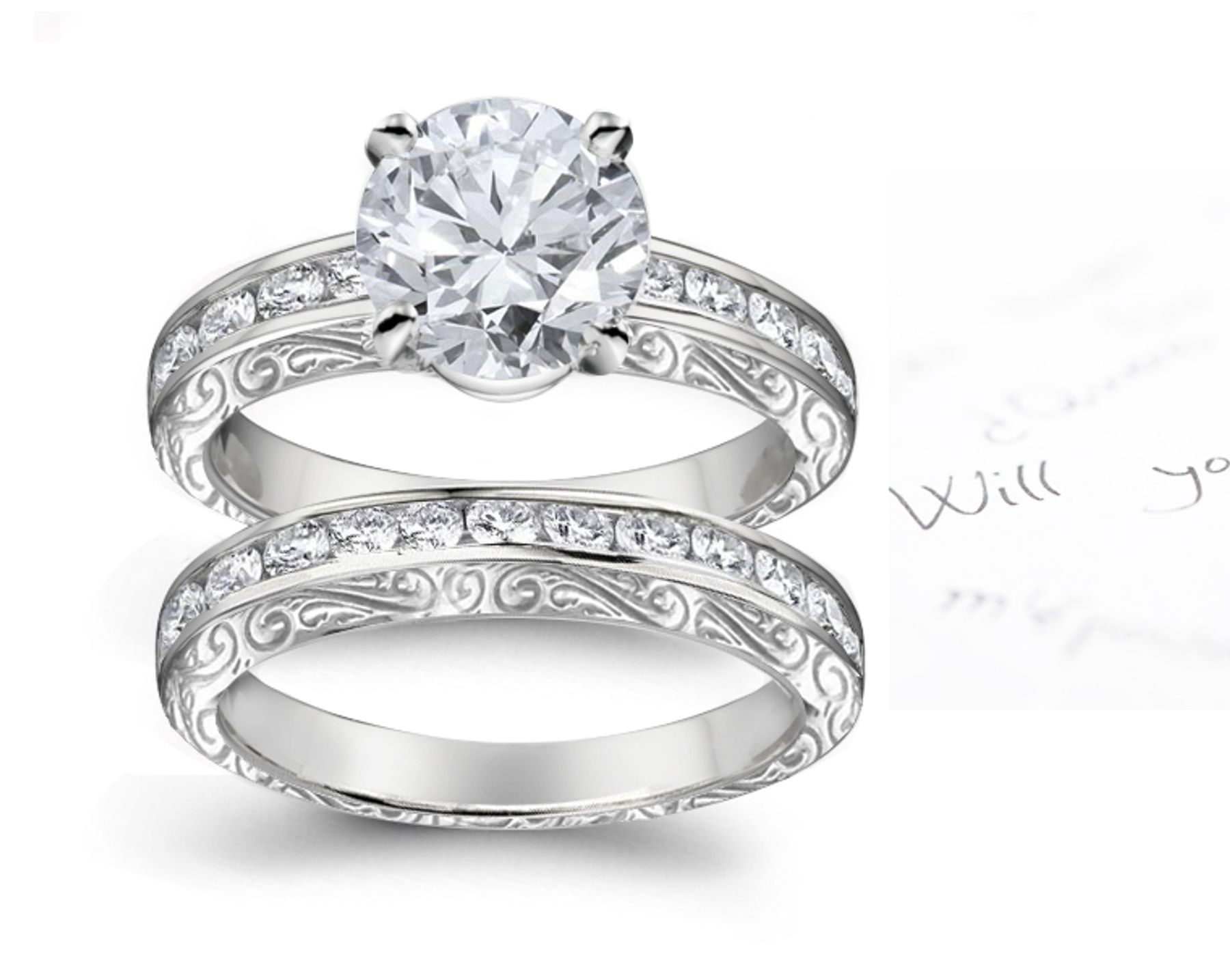 Antique Design Diamond Engagement & Wedding Floral Scrolls & Motifs Ring & Band in Platinum