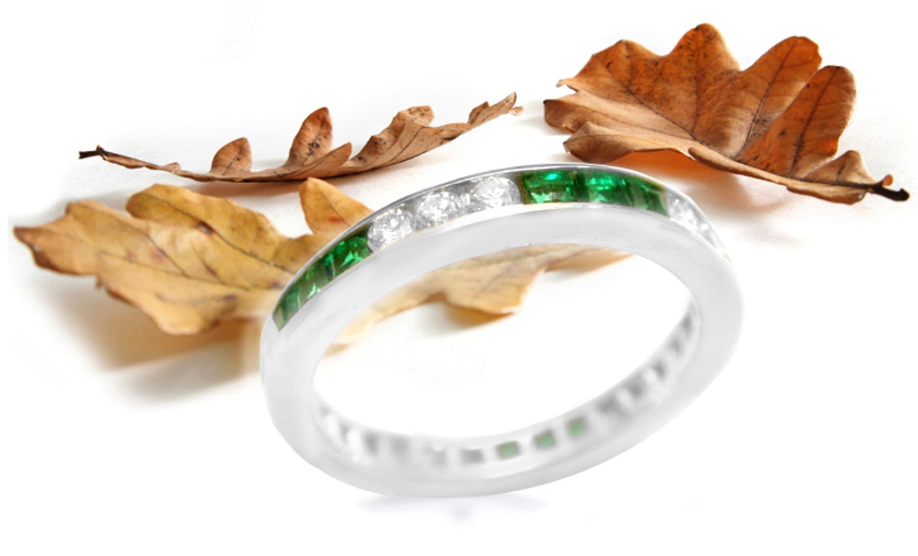 Full Circle Emerald Jewelry Eternity Rings: PCHPLNEW-E-1.00: Encircle her finer with this unique channel set round emeralds & diamonds channel set in white gold settings