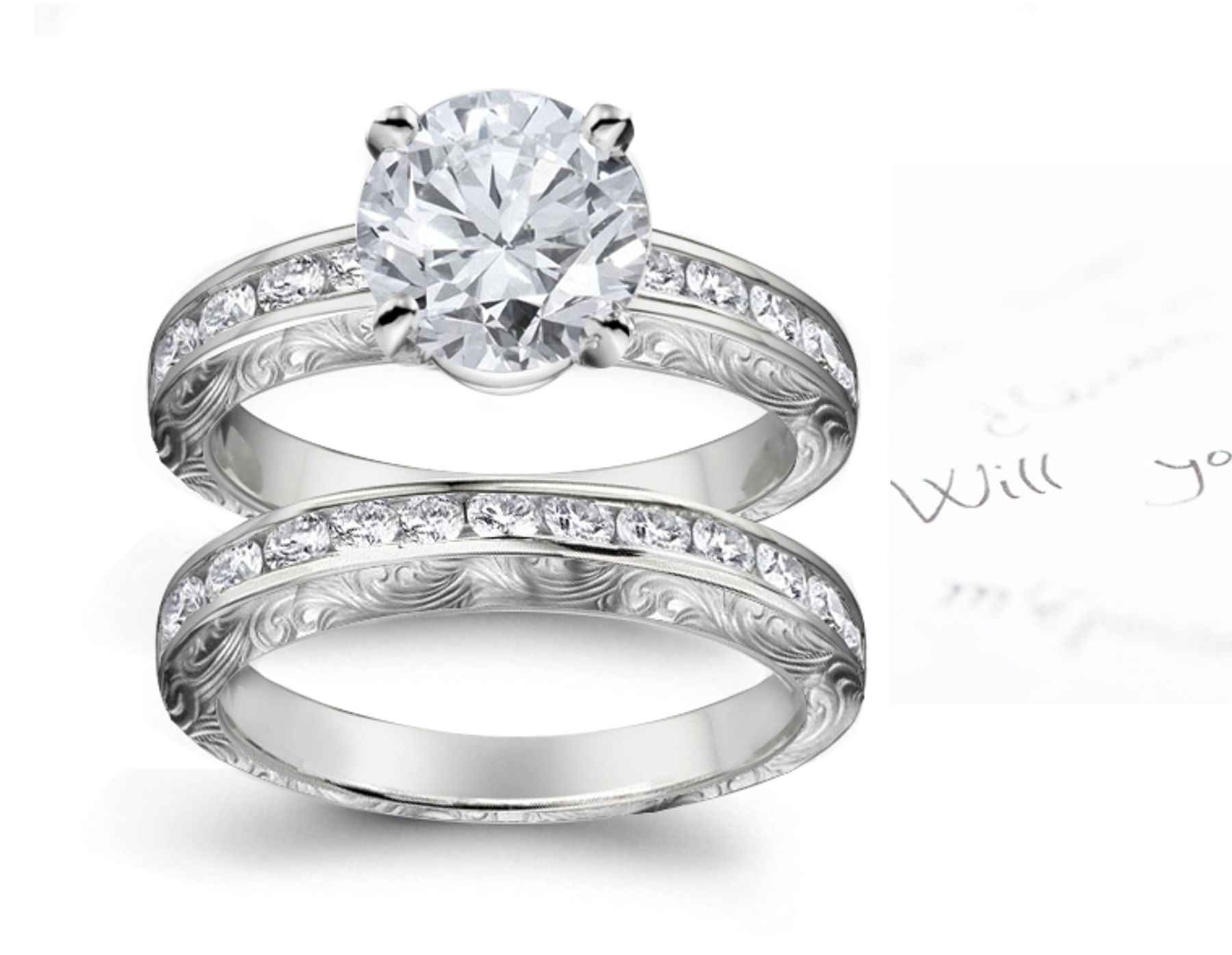 Antique Style Diamond Engagement & Wedding Floral Scrolls & Motifs Ring & Band in Platinum