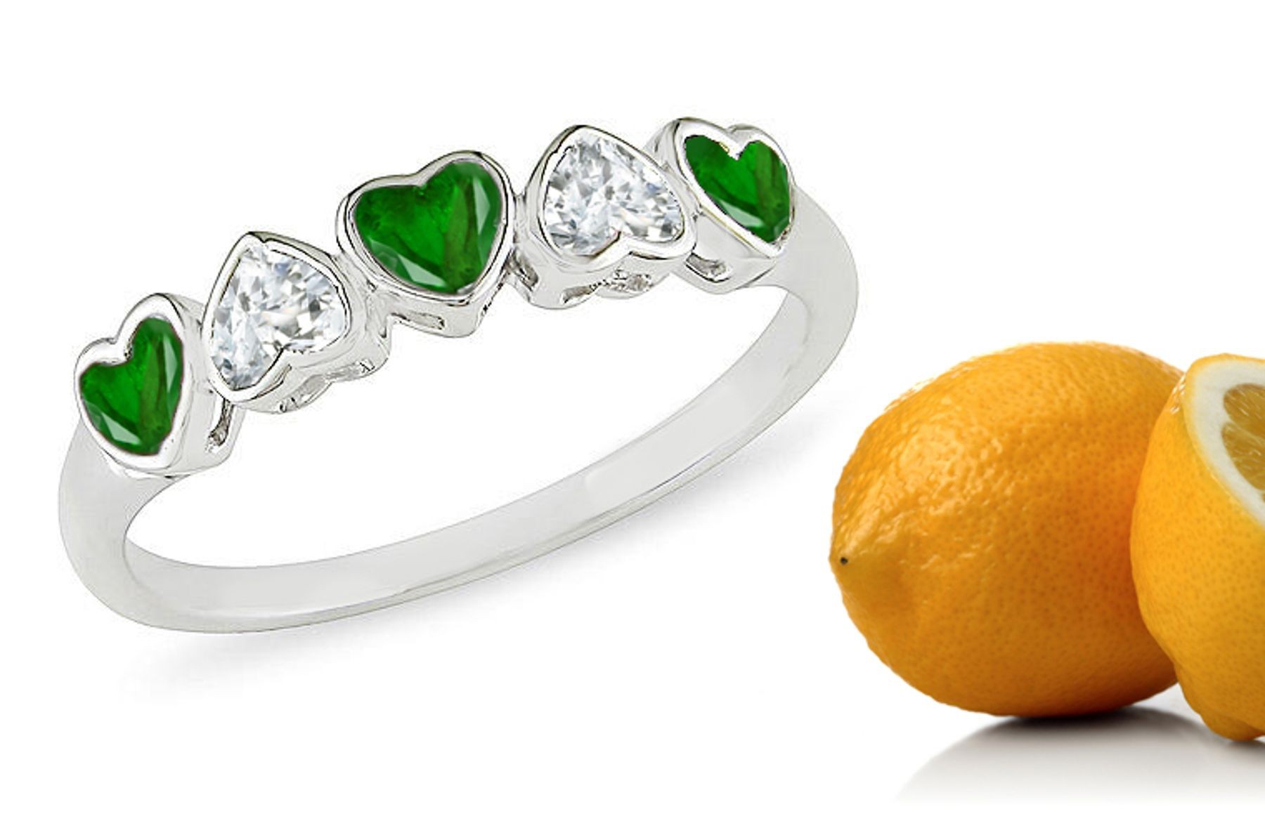 Romeo & Juliet: Bezel Set 5 Stone Heart Emerald & Diamond Half Eternity Band