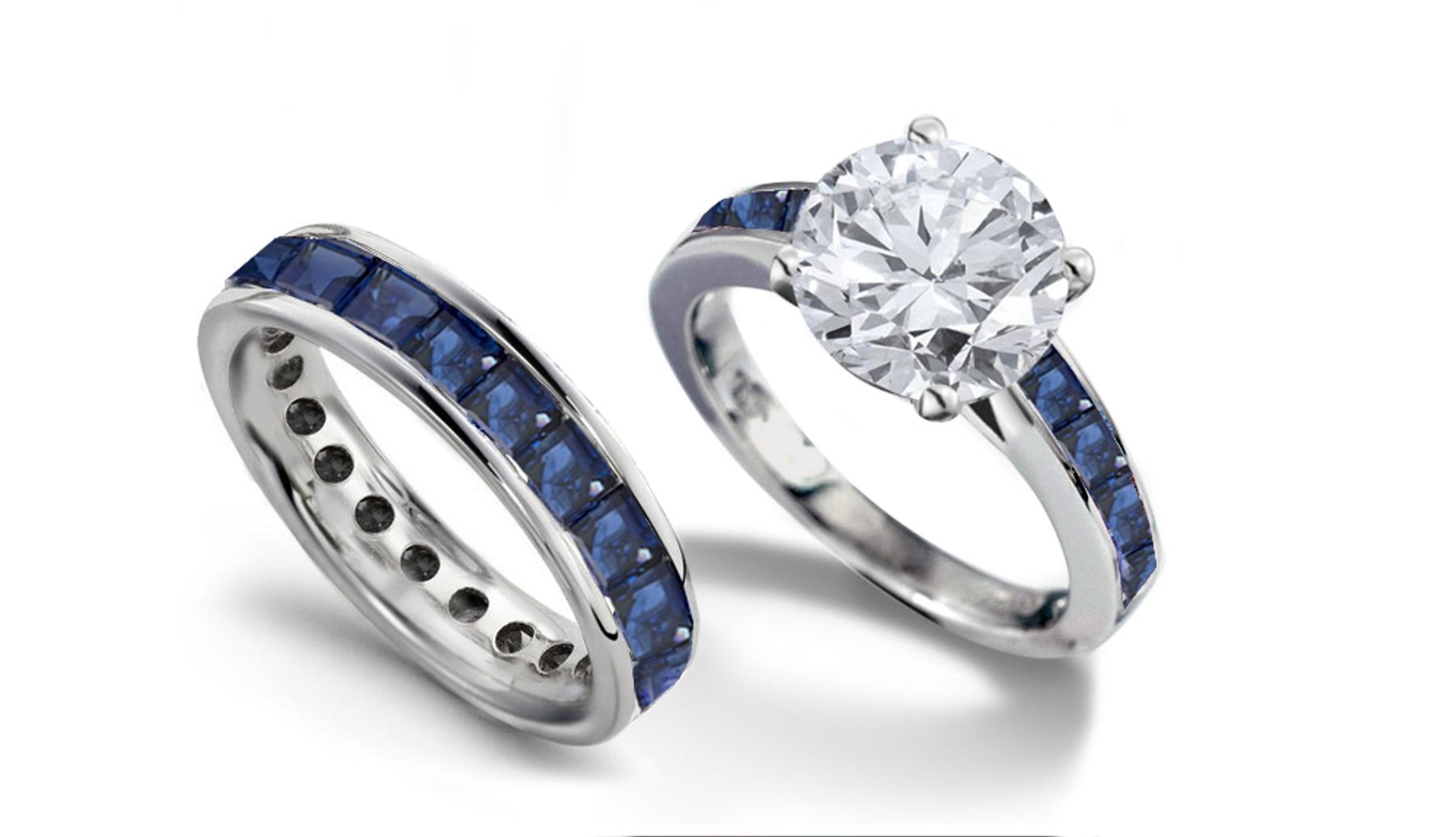 Brilliant Cut Round Diamond & Square Blue Sapphire Engagement Ring & Matching Wedding Band in Platinum